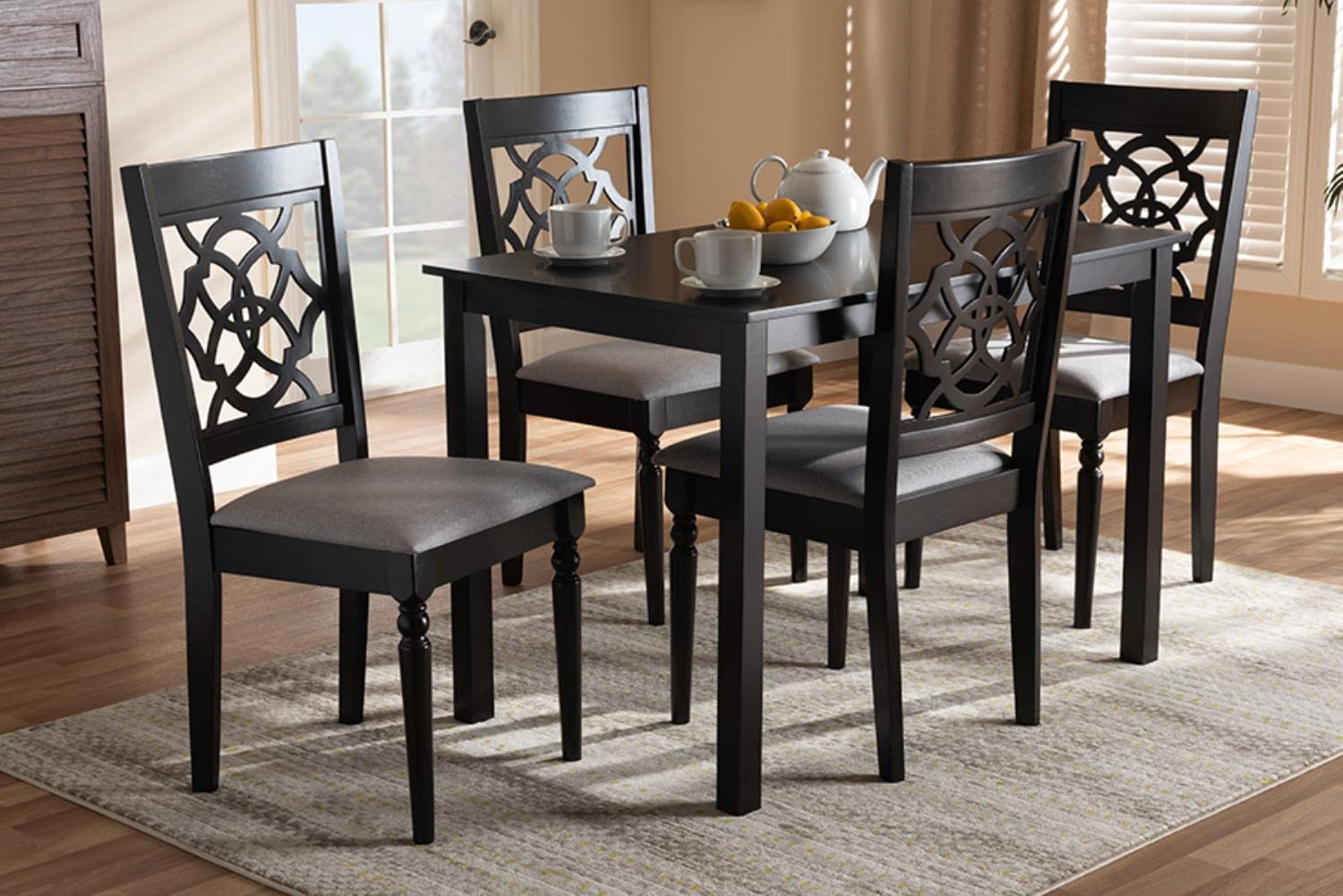 Baxton Studio Renaud Modern and Contemporary Grey Fabric Upholstered Espresso Brown Finished 5-Piece Wood Dining Set