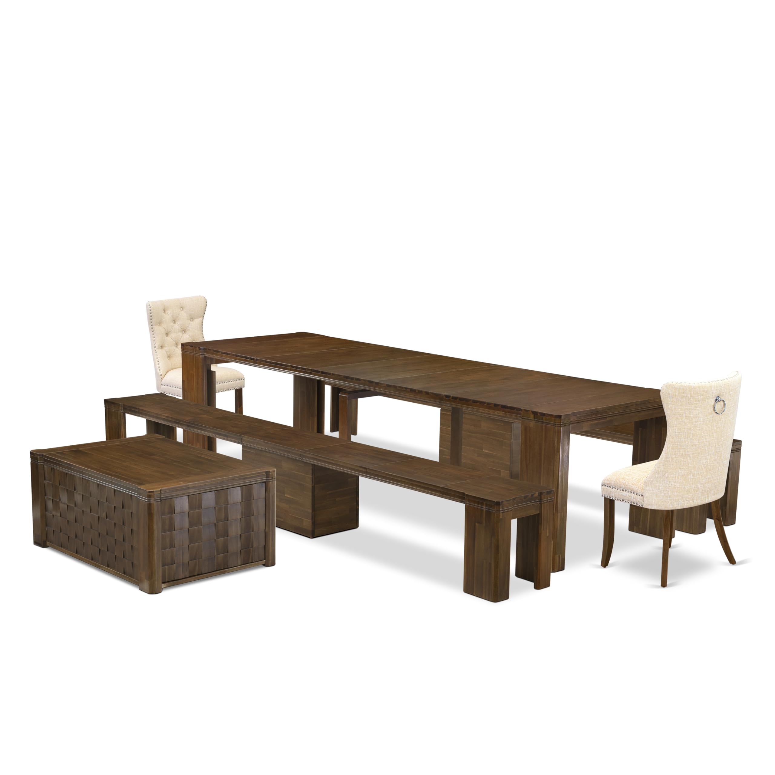 Luxe by East West Furniture - X02DA-2C8-32 - 6 Pieces Dining Table Set includes an Extendable Rectangle Kitchen Table, 1 Coffee Table, 2 Dining Chairs and 2 Benches, 39x120 Inch, Antique Walnut