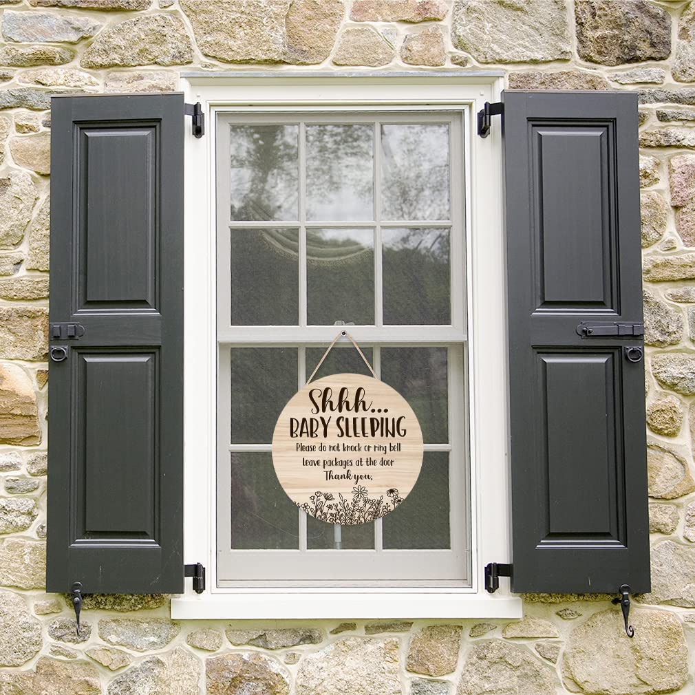 Shhh... Baby Sleeping Hanging Sign Plaque, Do Not Knock Or Ring The Bell, Round Sturdy Wooden Door Hanger For Baby Room, Nursery