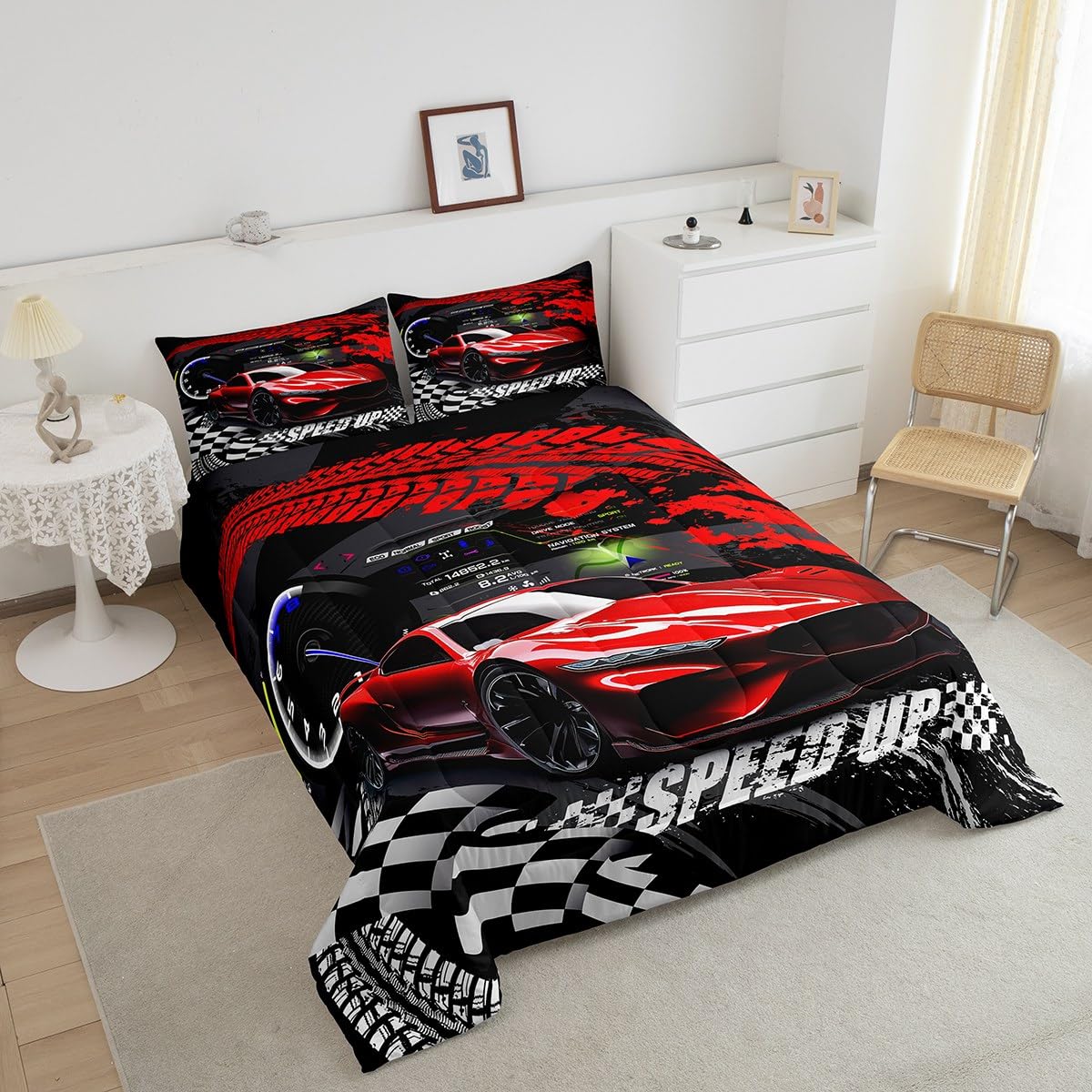Feelyou Kids Boys Girls Red Race Car Comforter Set Full Size, Sports Car Comforter Comforter Set For Teens Race Car Bedding Set Racing Car Duvet Set Bed Set Room Decor Bedding Collection