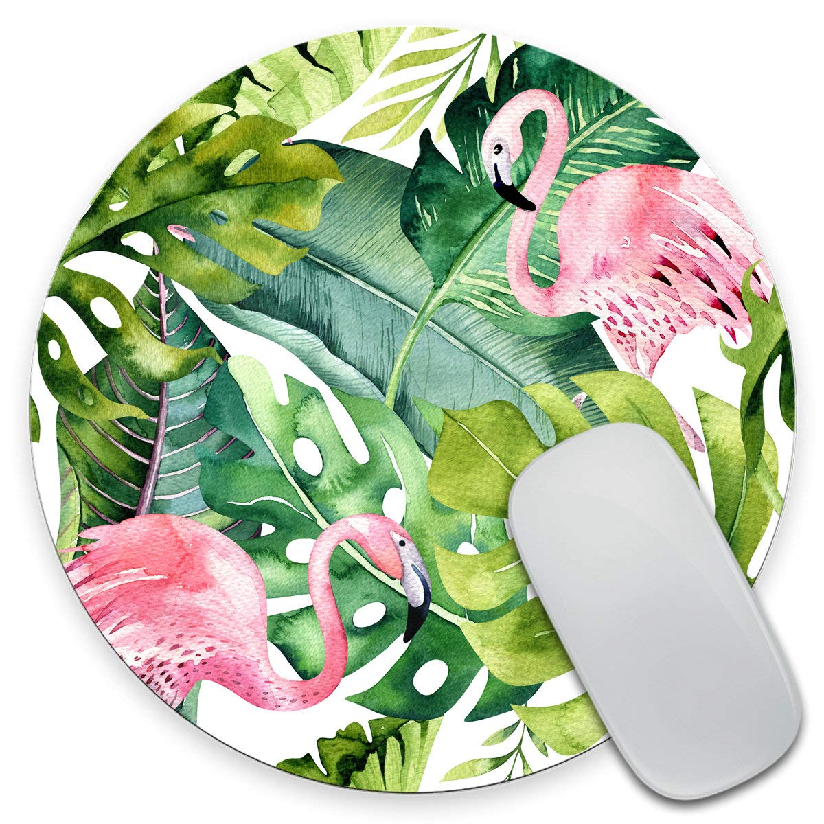 Amcove Watercolor Tropical Palm Tree With Flamingo Mousepad,Custom Round Mouse Pad 7.9 X 7.9 X 0.12 Inch