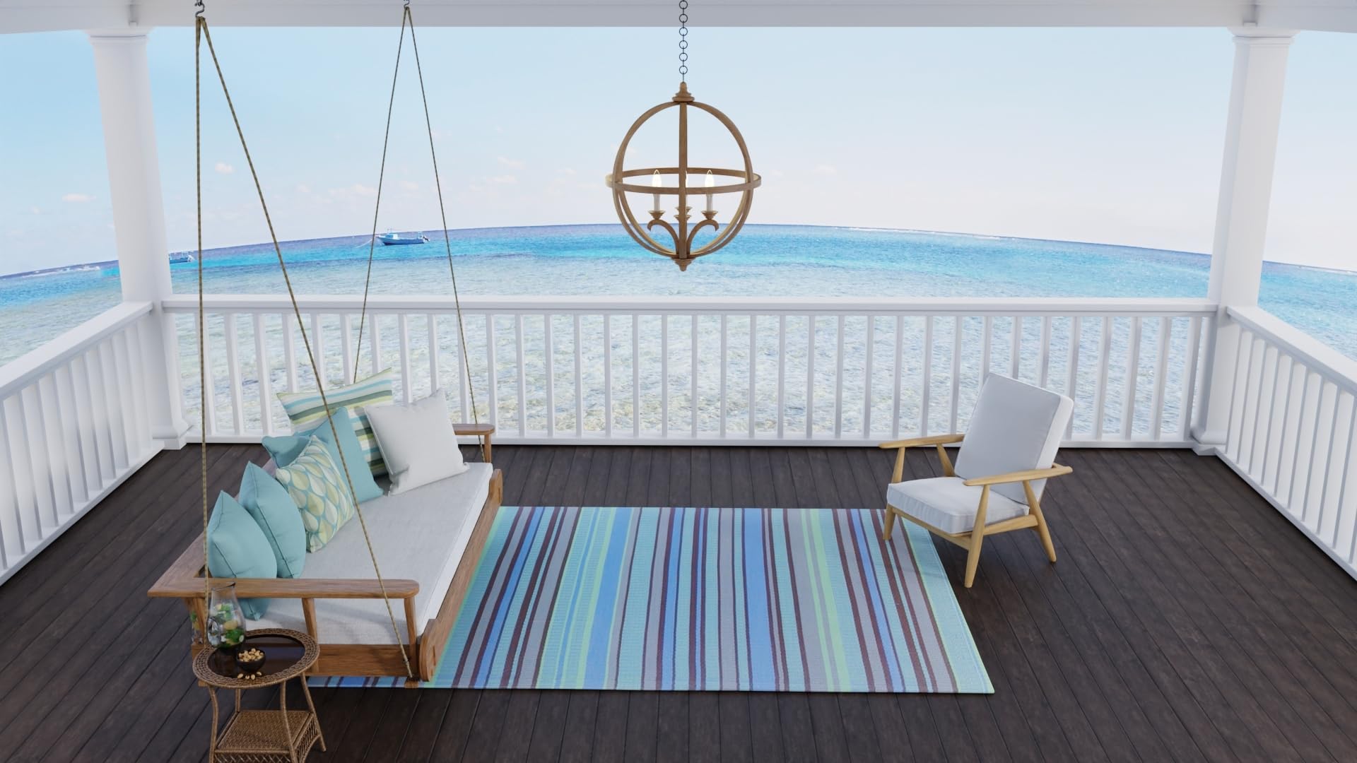 Mad Mats Outdoor Rug, Reversible Plastic Mat For Patio Porch, Deck, Kithchen, Stripes, (2.5' X 6', Grey Aqua)