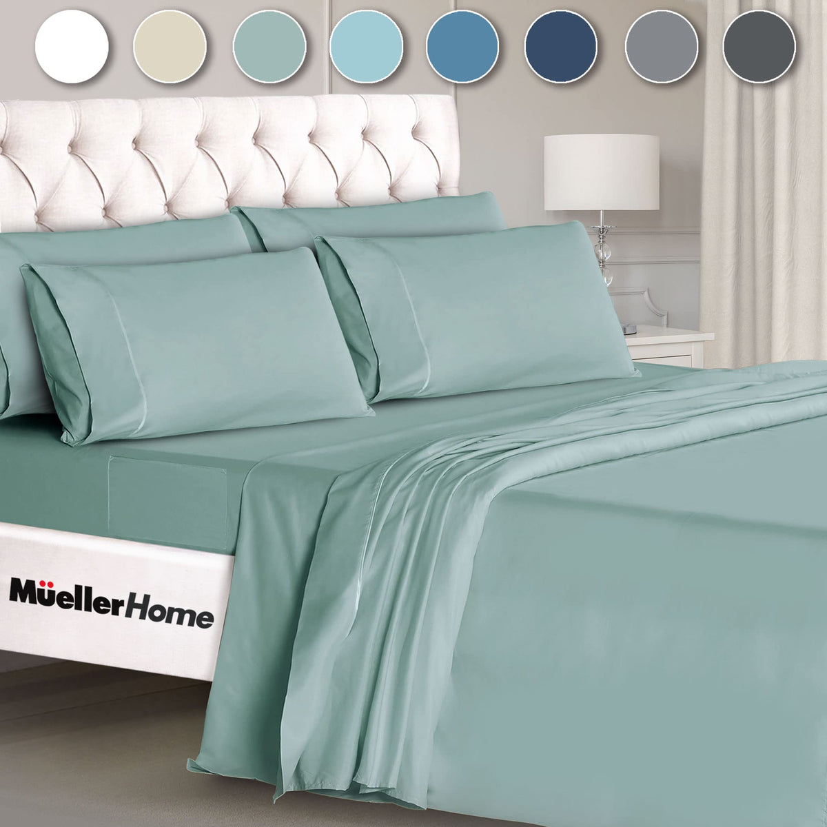 Mueller Luxury 6 Pc Full Size Bed Sheets, Super Soft 1800, Deep Pocket Up To 16' Full Size Sheets, Transfers Heat, Breathes Bet