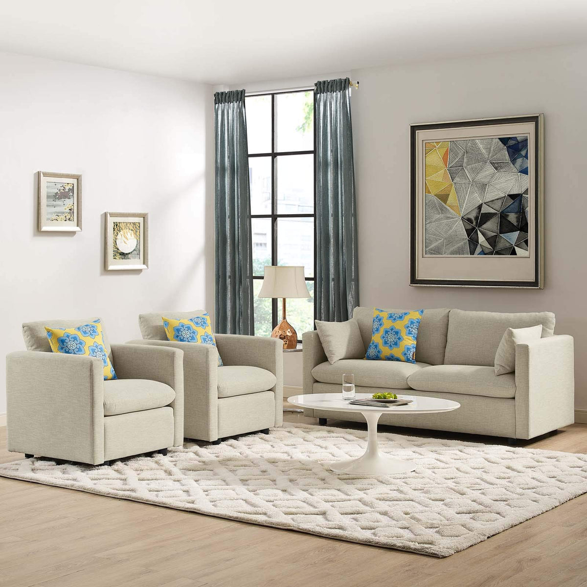 Modway Activate Upholstered Fabric, Sofa And Two Armchairs, Beige