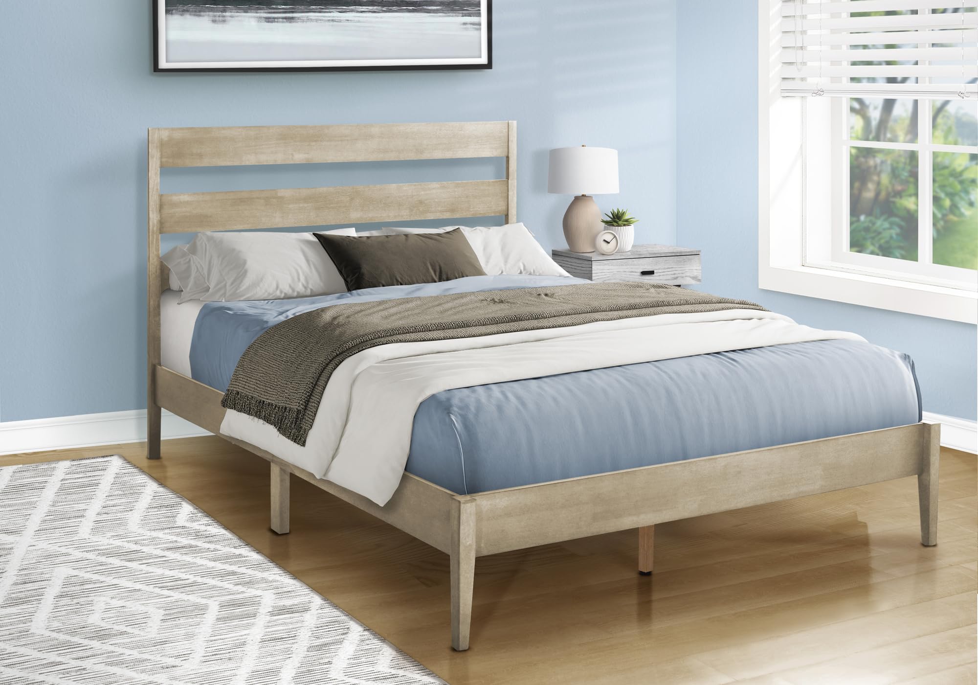 Monarch Specialties I 6065Q Bed, Queen Size, Frame Only, Platform Bed, Bedroom, Grey Wood Frame, Grey Solid Wood Legs, Contemporary