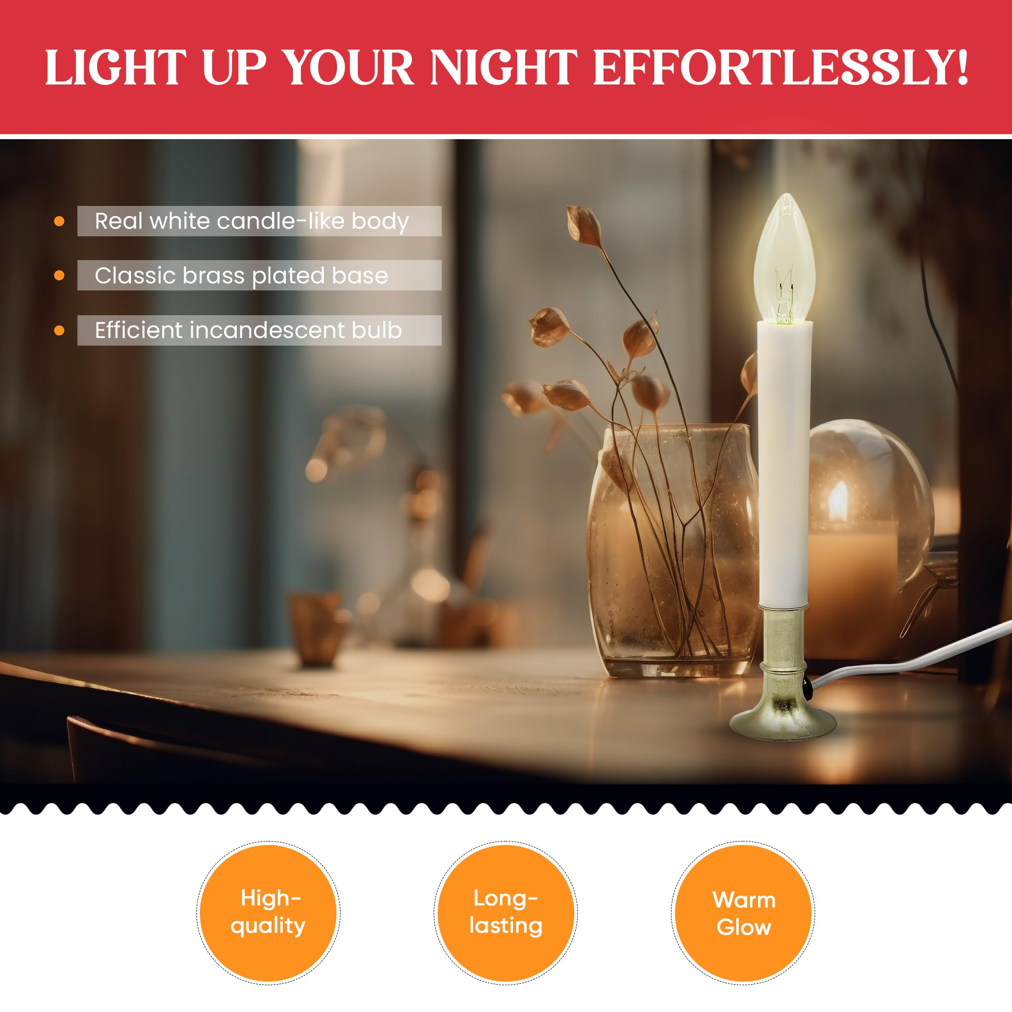 Creative Hobbies Electric Window Candle Lamp With Led Bulb, Brass Plated Base, Dusk To Dawn Sensor Turns Candle On In Dark And O