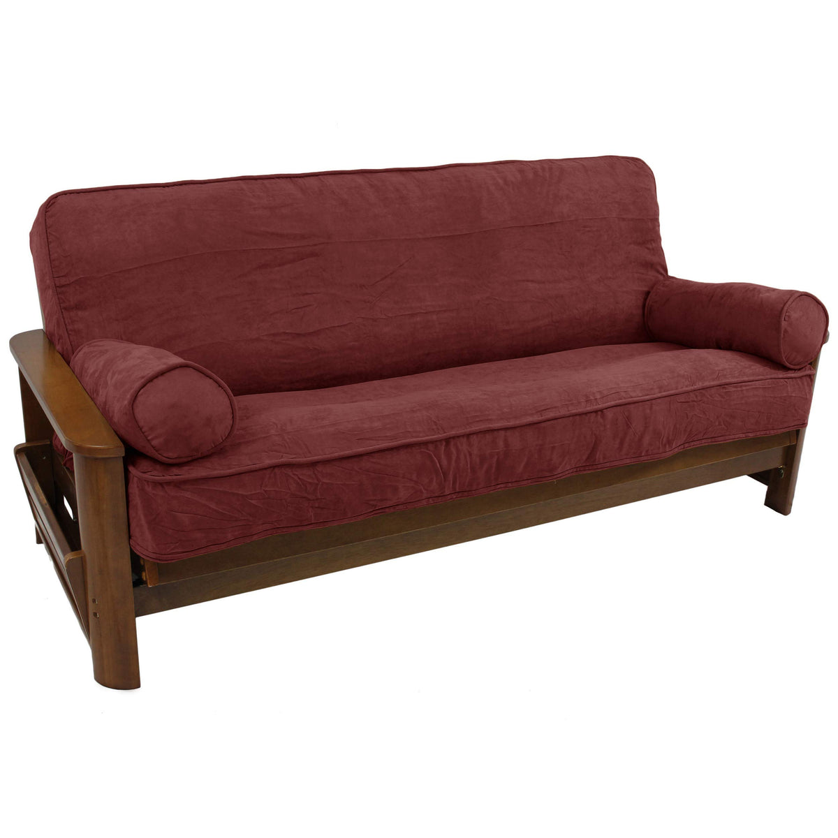 Blazing Needles Solid Microsuede Double Corded 8&quot; to 9&quot; Futon Cover Set with 2 Bolster Pillows (Set of 3), Full, Red Wine