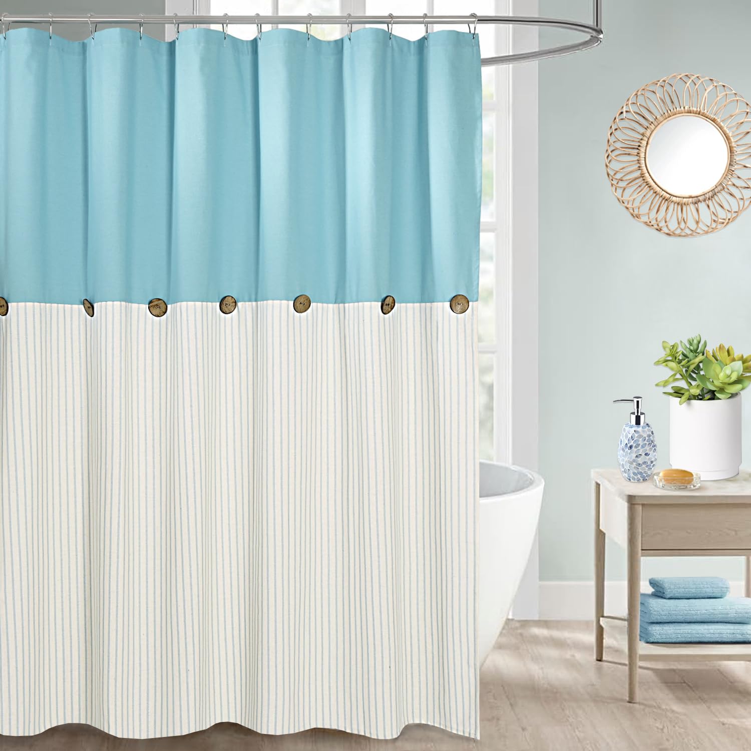 Dosly Id  Es Farmhouse Teal Shower Curtain For Bathroom,Beige And Blue Stripe,Button Curtain,Cotton Blend Woven Fabric,Rustic Ch
