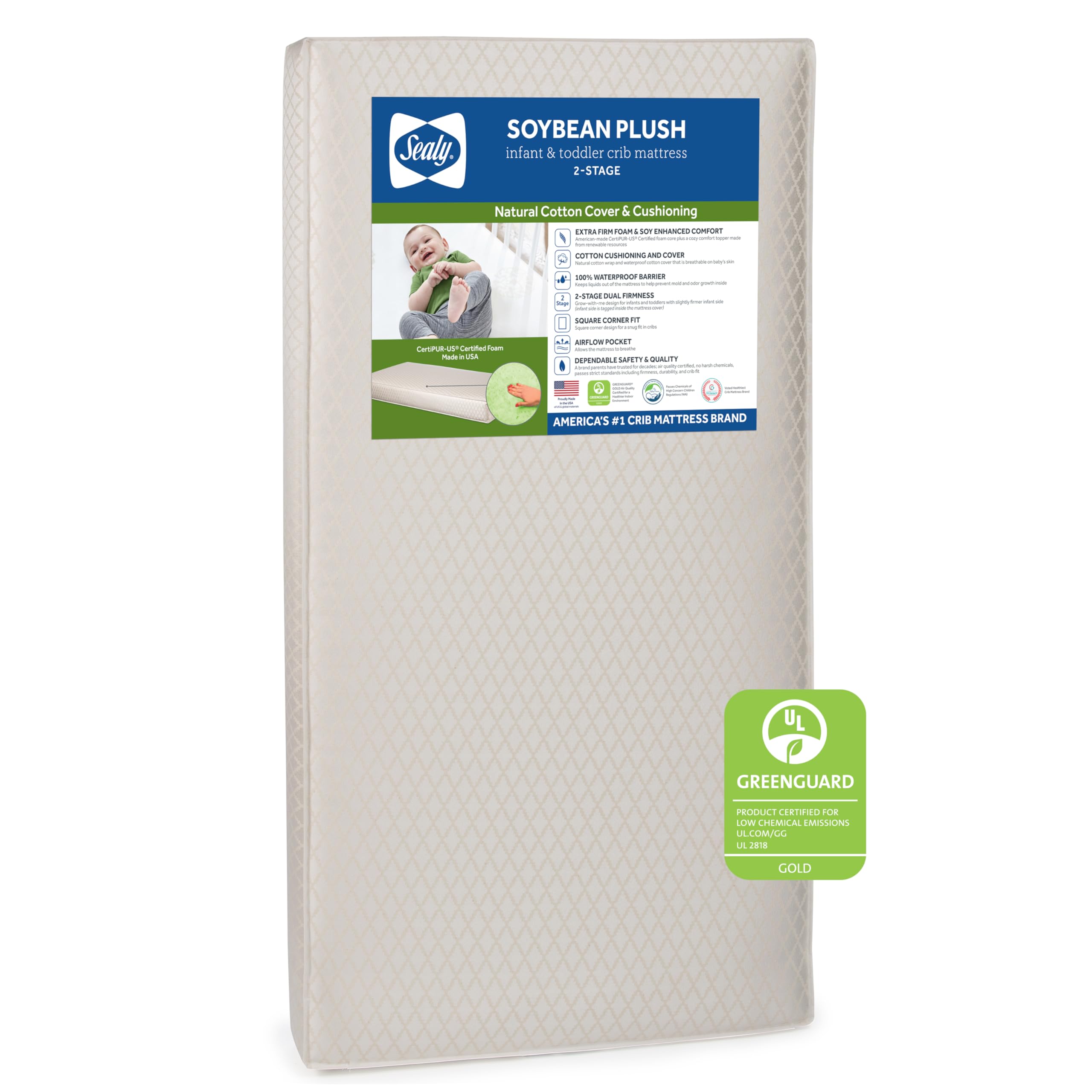 Sealy Soybean Plush Foam Baby Crib Mattress & Toddler Bed Mattress, Breathable Crib Mattress, Non-Toxic Waterproof Mattress For