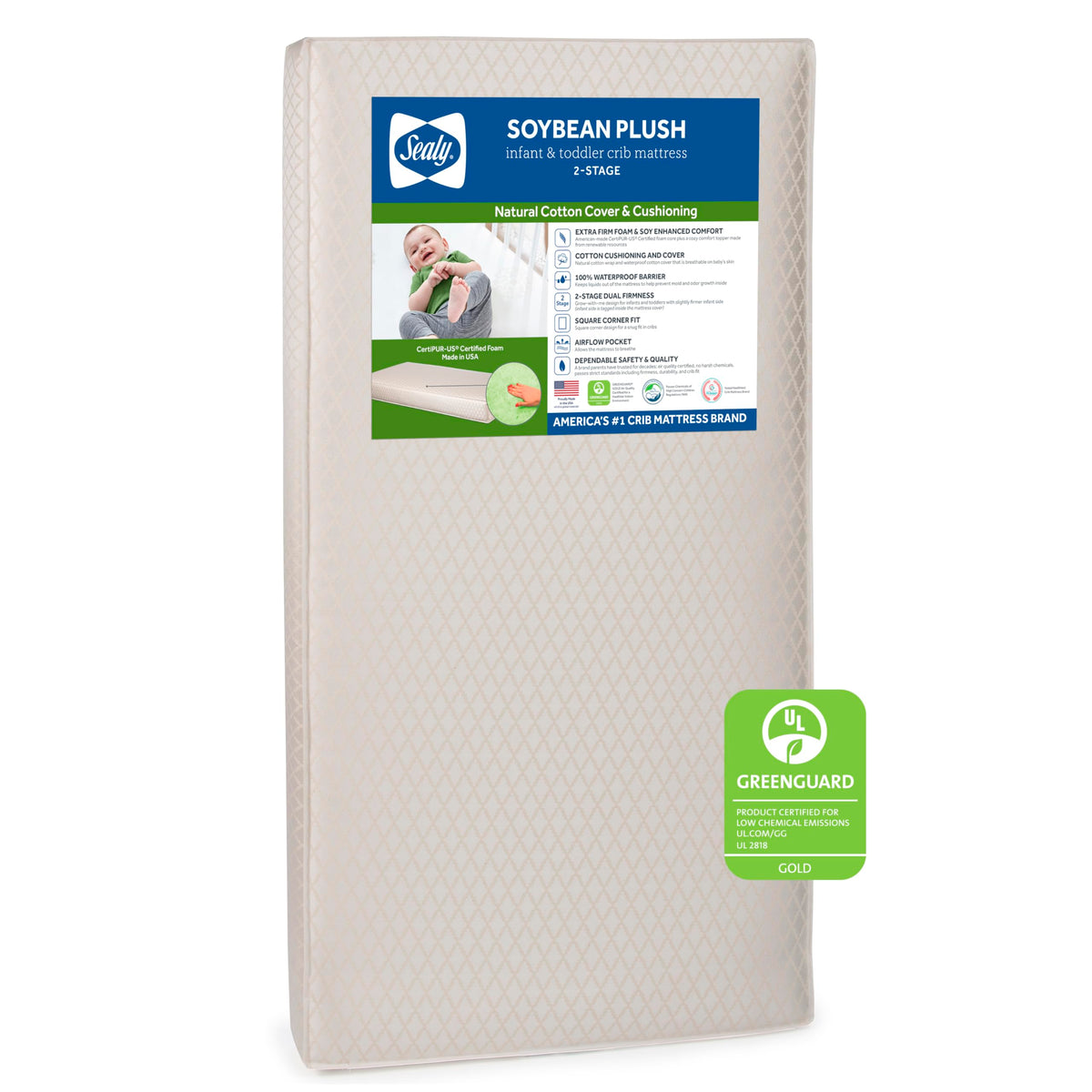 Sealy Soybean Plush Foam Baby Crib Mattress & Toddler Bed Mattress, Breathable Crib Mattress, Non-Toxic Waterproof Mattress For