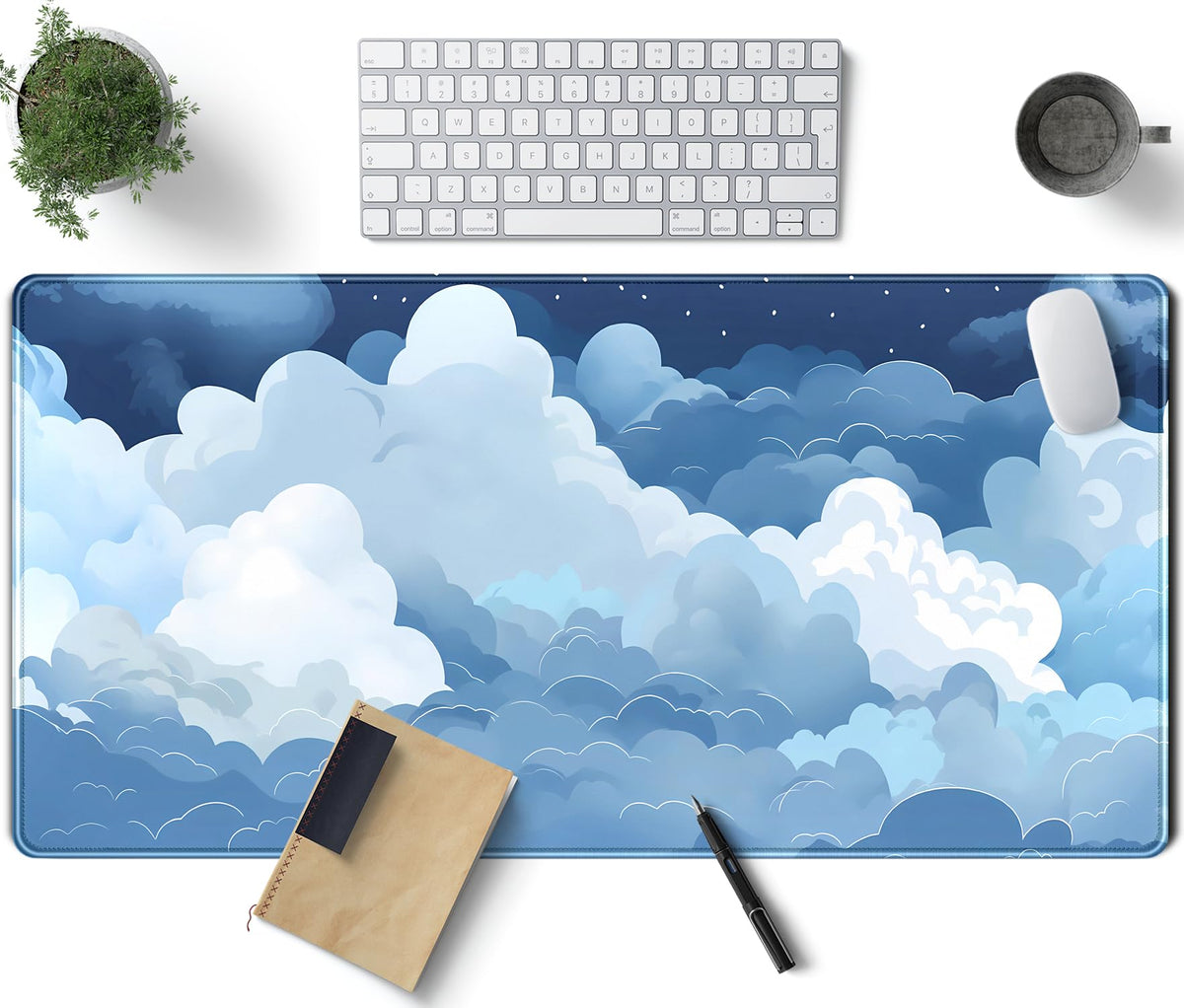 Aesthetic Blue And White Puffy Clouds Desk Mat, Xxl Large Kawaii Blue Extended Gaming Mouse Pad With Stitched Edges, Cute Big La