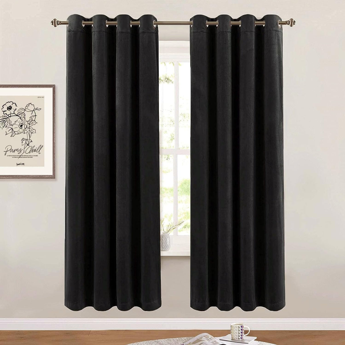 SMILETIME Black 72 in Long Velvet Curtains with Grommet, Thermal Insulated Super Soft Privacy Noise Reducing Light Blocking Velv