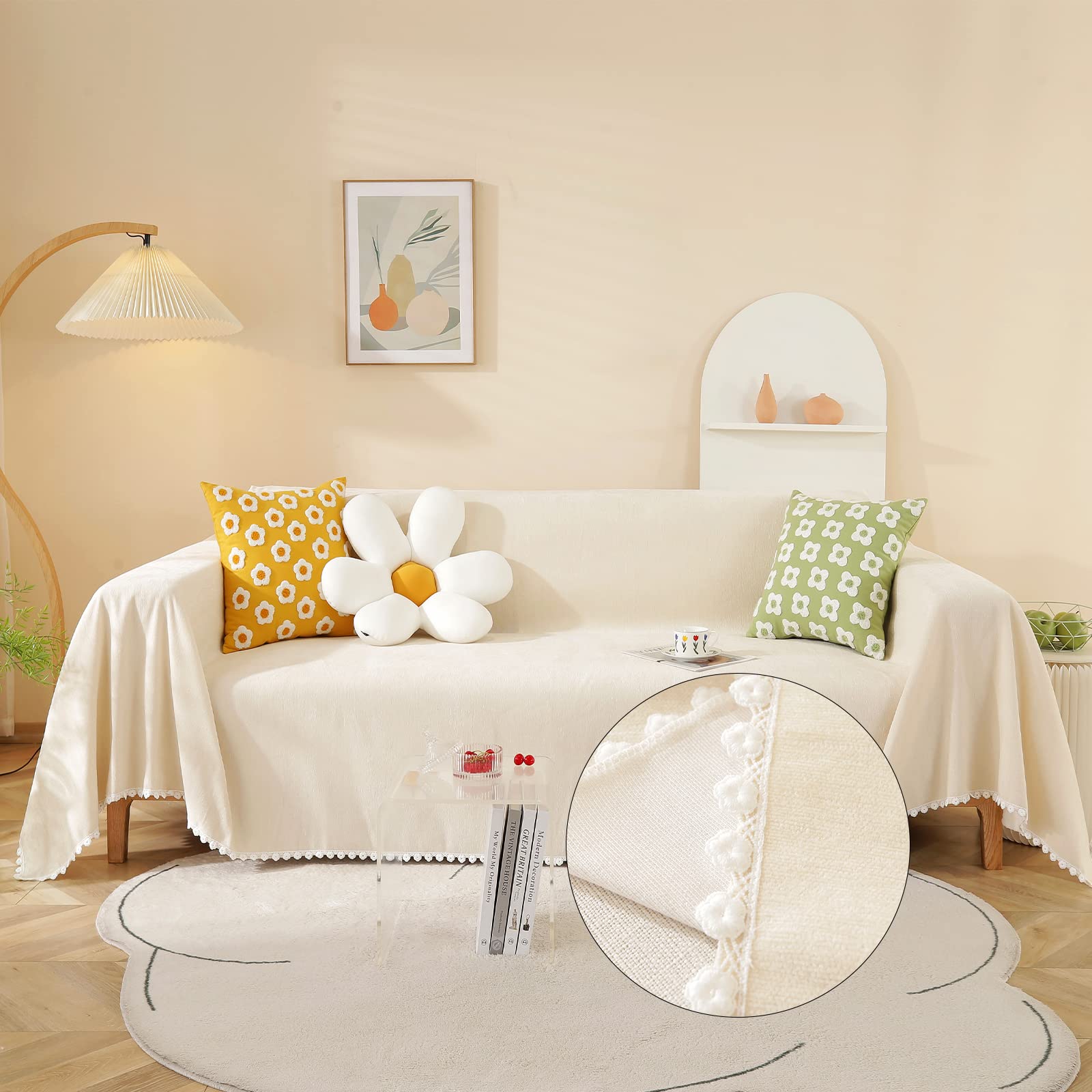 Handontime Beige Couch Covers For 3 Cushion Couch Sofa Cute Sofa Covers With White Daisy Lace Pet Couch Protector Thick Chenille Couch Cover For Dogs Sectional Sofa L Shape Futon Couch, 71' X134'