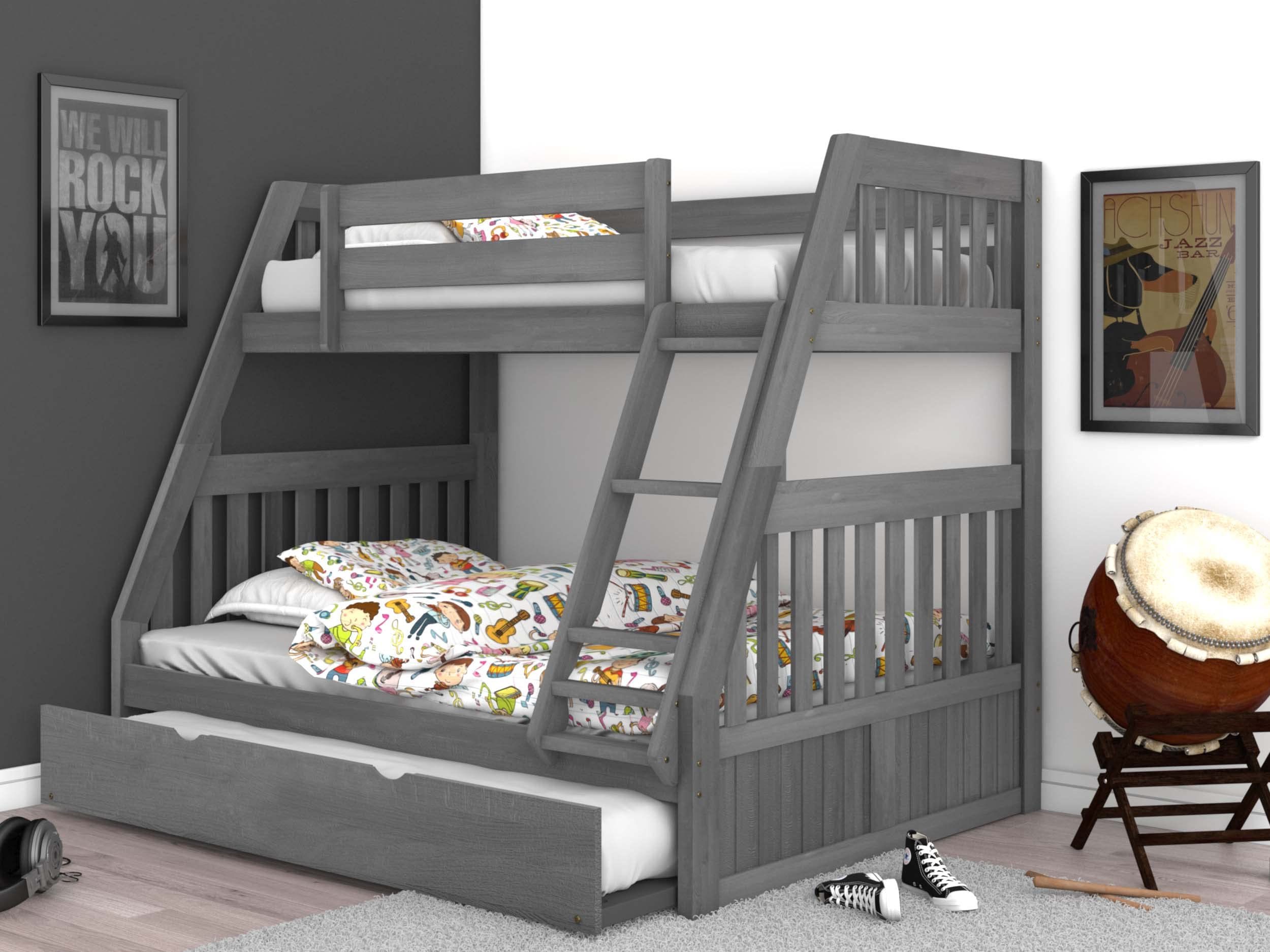 OS Home and Office Furniture Model 3219TRU-22 Solid Pine Twin/Full Bunk Bed with Twin Trundle in Charcoal Gray