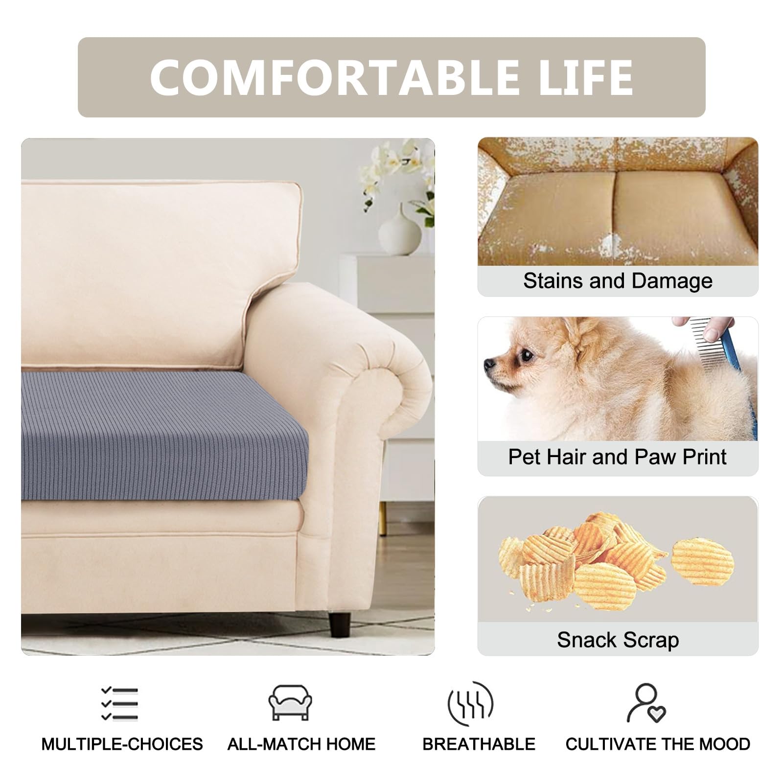 Searchi Stretch Jacquard Sofa Couch Cushion Covers Replacement Cushion Slipcovers Stretch Sofa Seat Cover Furniture Protector Sofa Slipcover Soft With Elastic Bottom(Large, Grey)