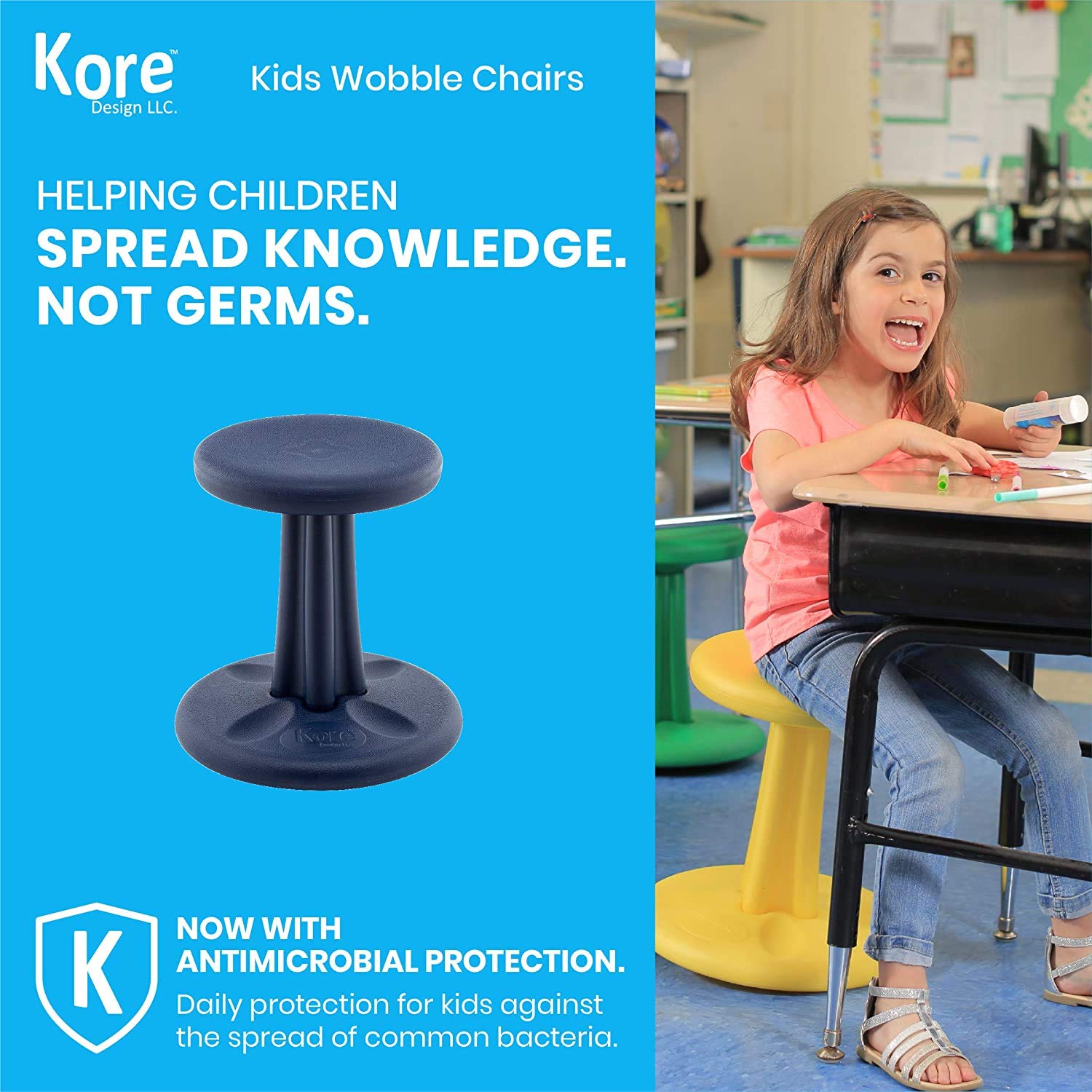 KORE DESIGN Wobble Stool Chair, Girls + Boys Kid Desk Stools, Ergonomic Small Office Chairs, Flexible Seating Active Kids, ADD/ADHD, Classroom, School, Home, Pre-Teen (18.7in), Age 10-11 yr, Dark Blue