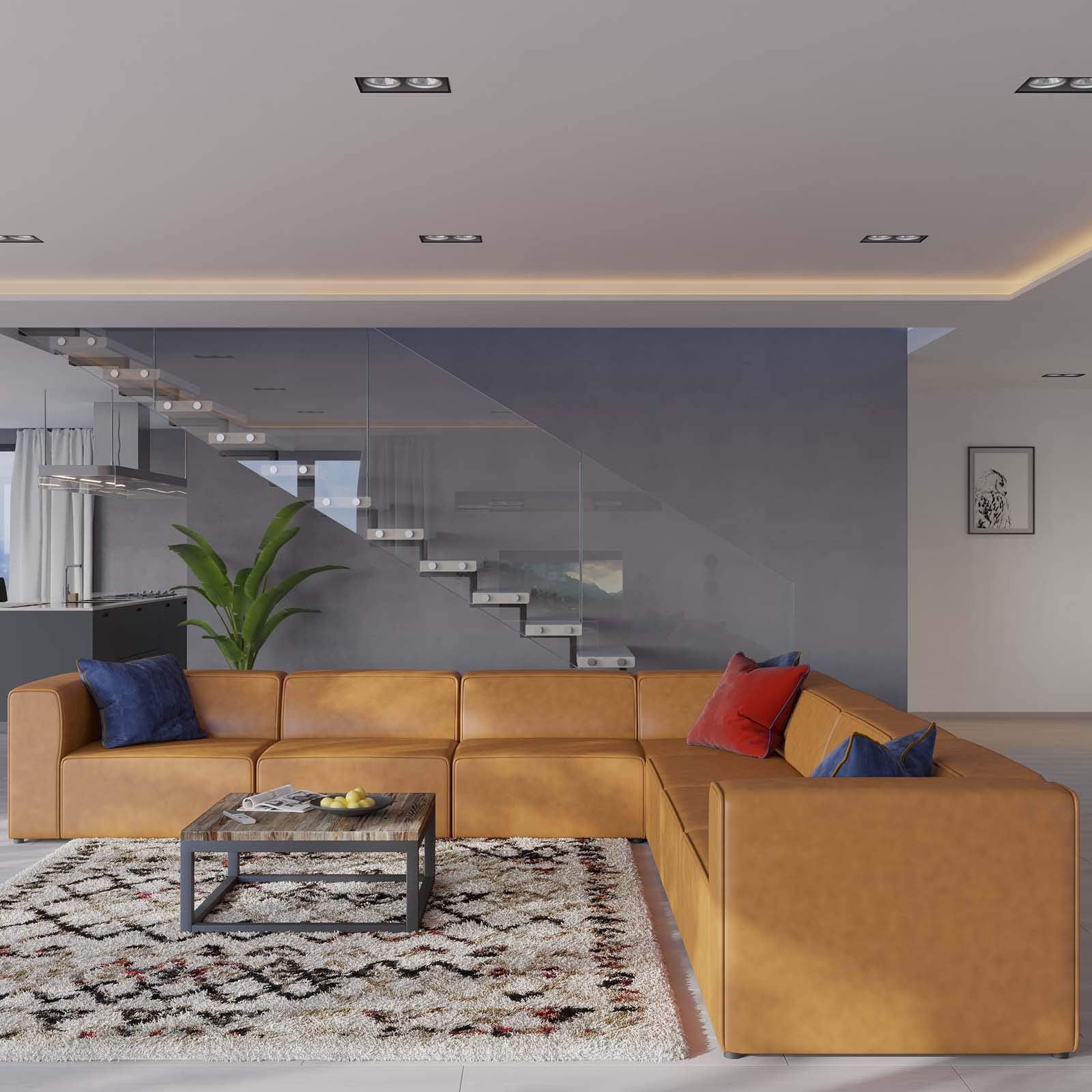 Modway Mingle Vegan Leather 7-Piece Sectional Sofa in Tan