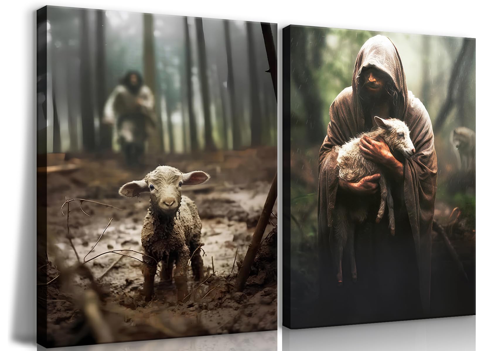 2Pcs Framed Jesus and Lamb Canvas Wall Art Jesus Save Lost Lamb Posters Prints Vintage Christian Pictures Wall Decor For Bedroom