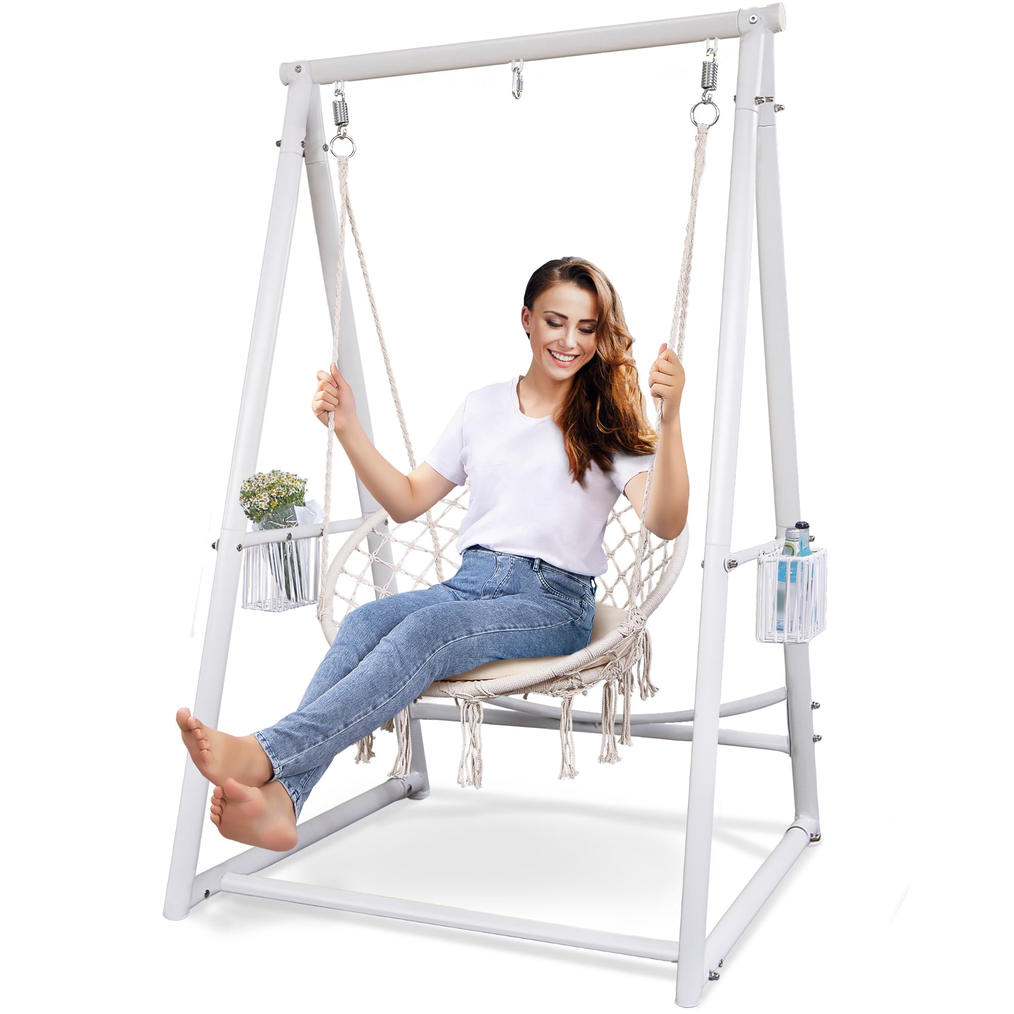Yoxifoc Reinforced Base & Triangular Structure Hammock Stand With 2 Storage Baskets, Swing Stand With 3 Hooks Fit For Most Hangi