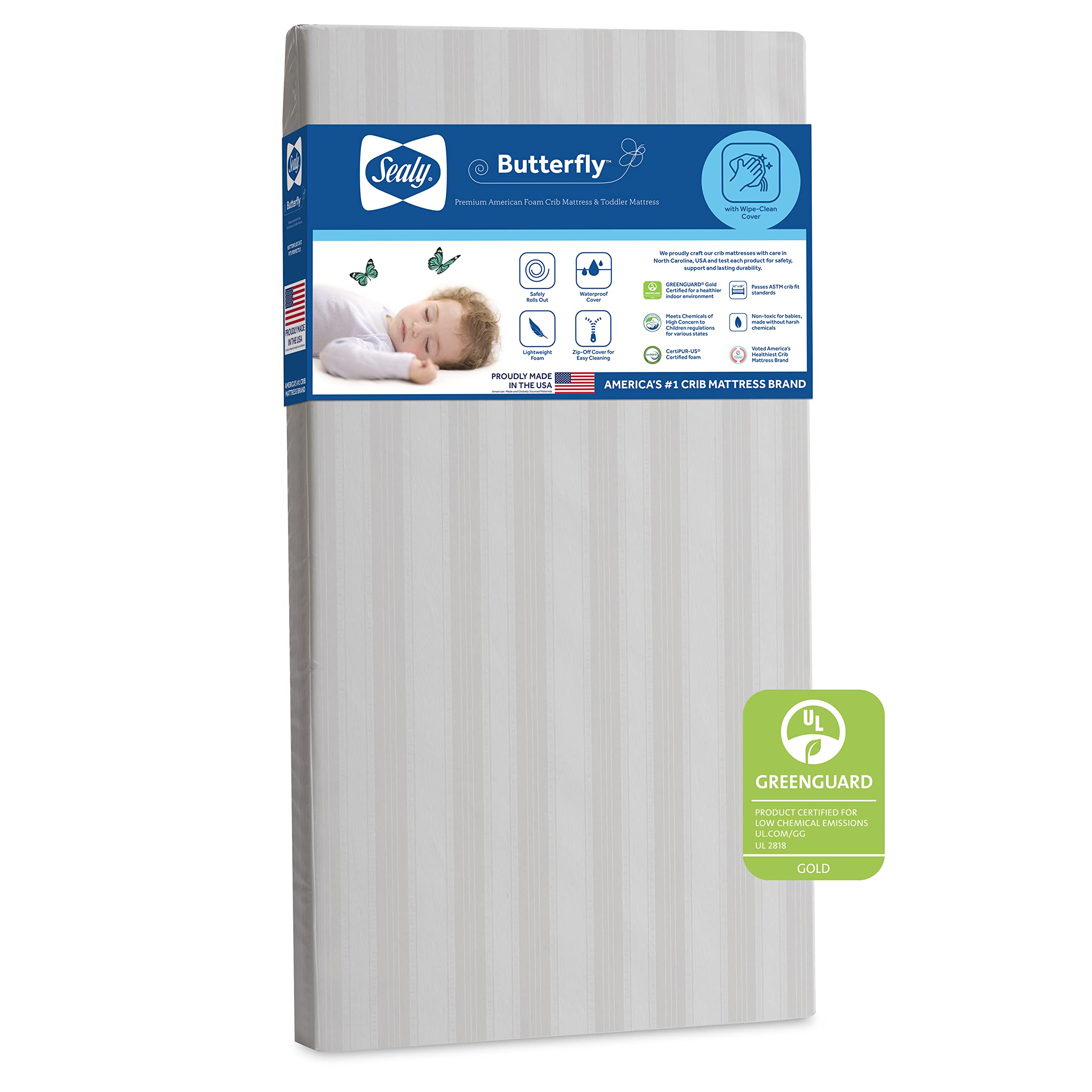 Sealy Butterfly Premium Foam Baby Crib Mattress & Toddler Bed Mattress, Hypoallergenic Wipe-Clean Waterproof Encasement Crib Mat