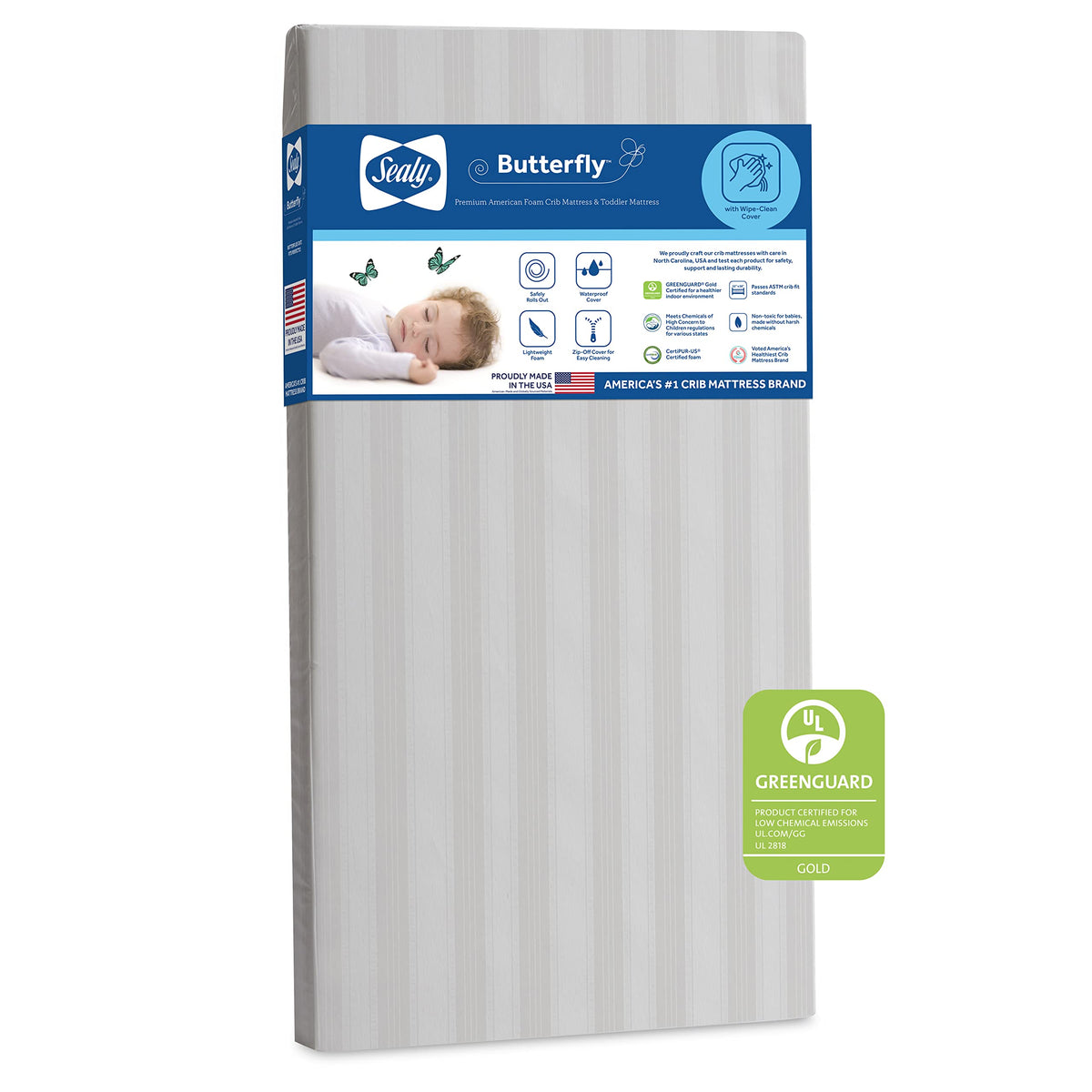 Sealy Butterfly Premium Foam Baby Crib Mattress & Toddler Bed Mattress, Hypoallergenic Wipe-Clean Waterproof Encasement Crib Mat