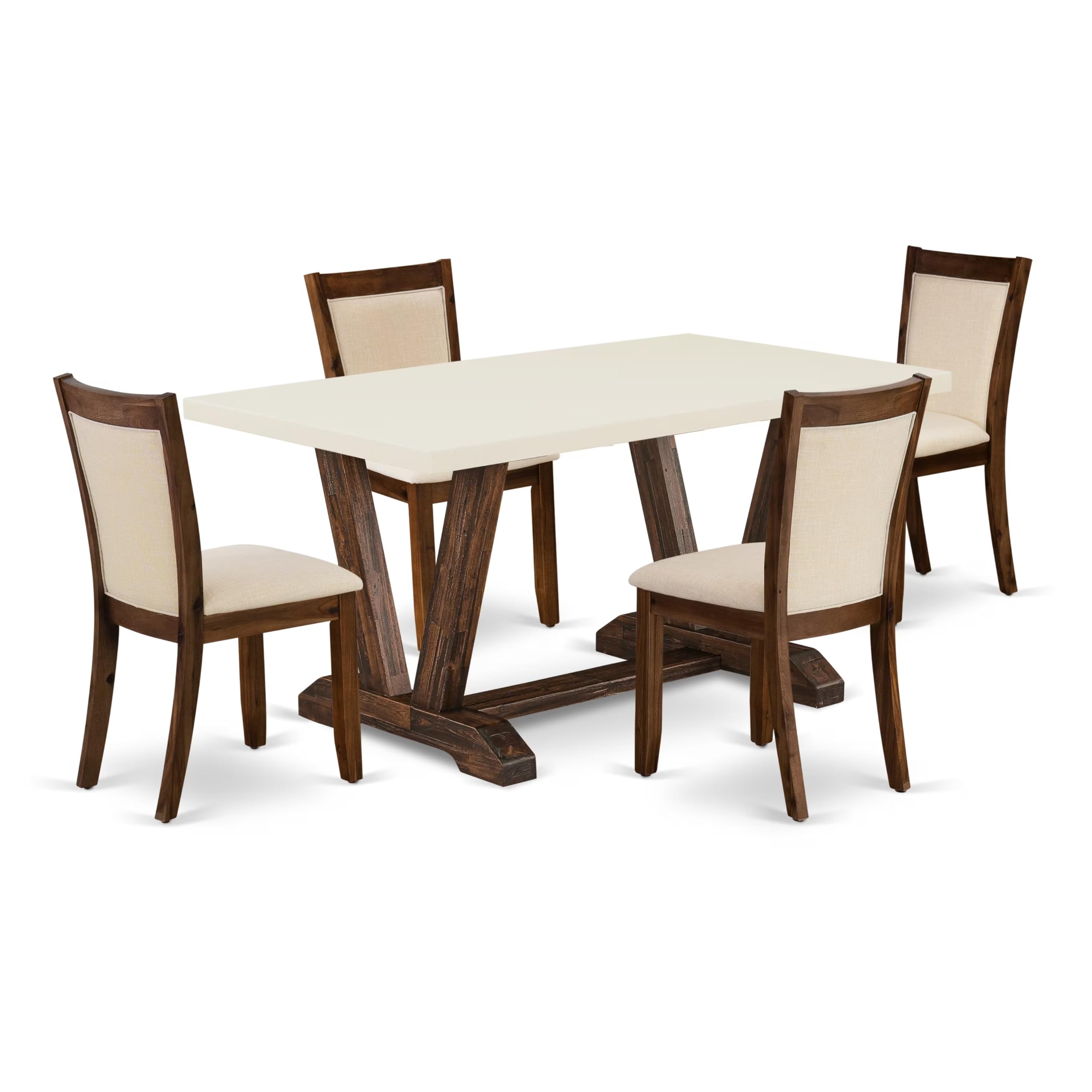 East West Furniture V726Mzn32-5 5 Piece Dining Table Set Includes A Rectangle Kitchen Table With V-Legs And 4 Light Beige Linen Fabric Parson Dining Room Chairs, 36X60 Inch, Multi-Color