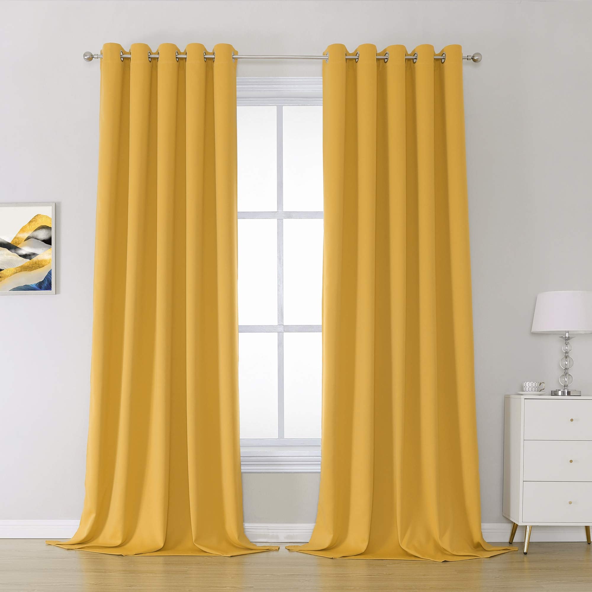 Dualife Yellow Curtains 108 Inches Long 2 Panels Blackout Curtain Panels For Bedroom Room Darkening Gold Solid Window Drapes For