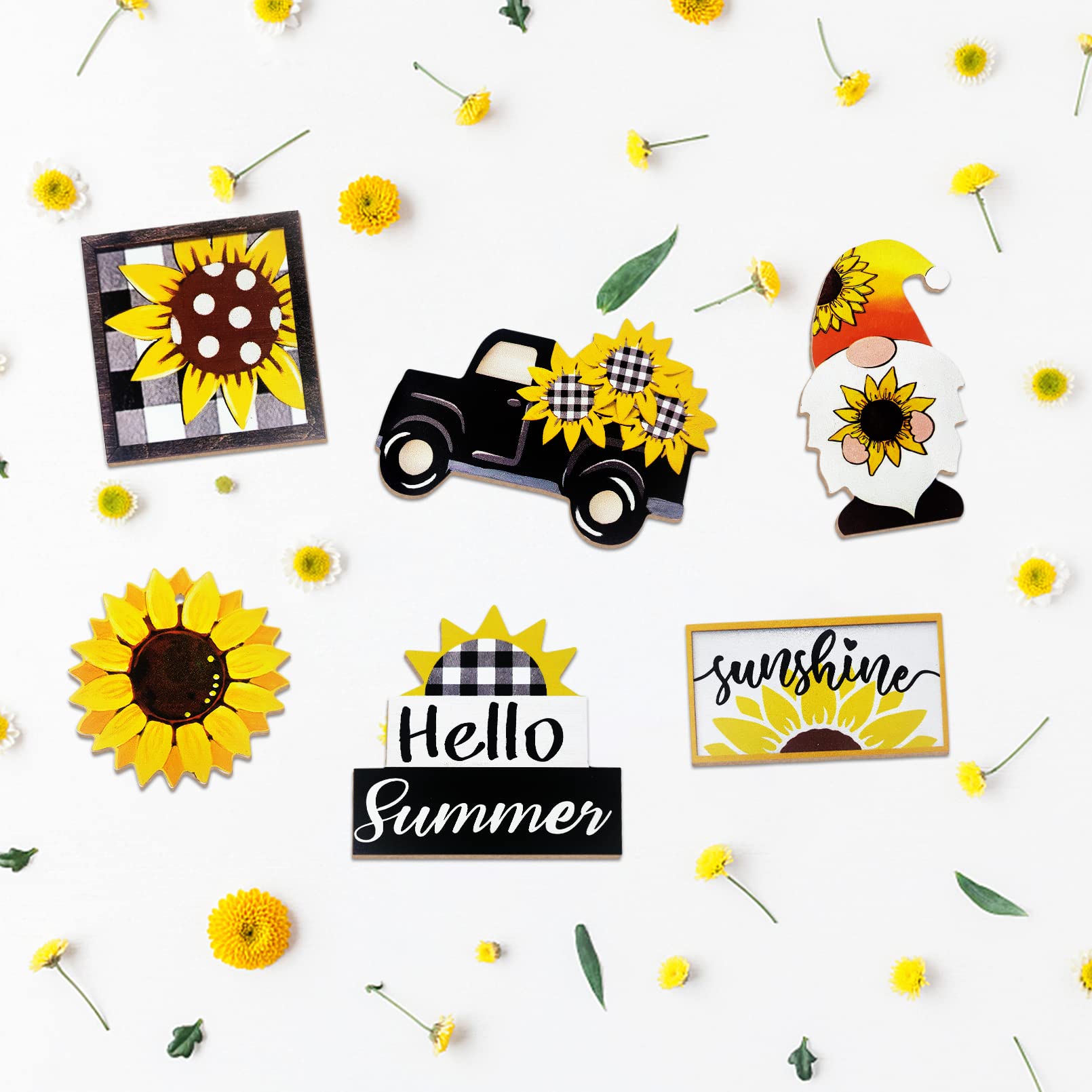 Guoofu Summer Tiered Tray Decor, Farmhouse Sunflower Tray Decorations, Hello Spring Summer Sunflower Gnome Sunshine Truck Wooden