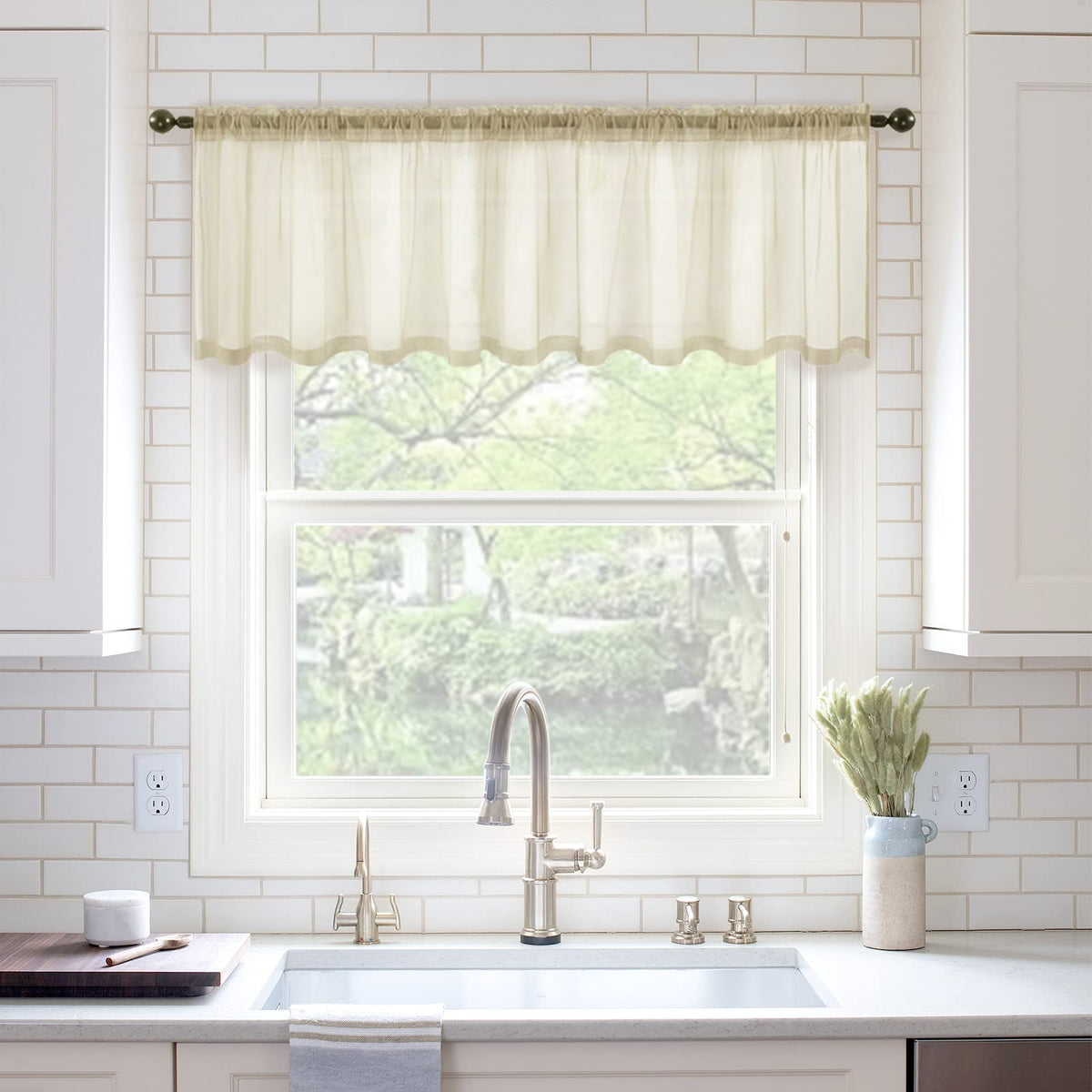 Miulee Beige Window Valance Sheer Curtains Rod Pocket,Half Window Voile Drapes Extra Wide For Small Window Kitchen Cafe,One Pane