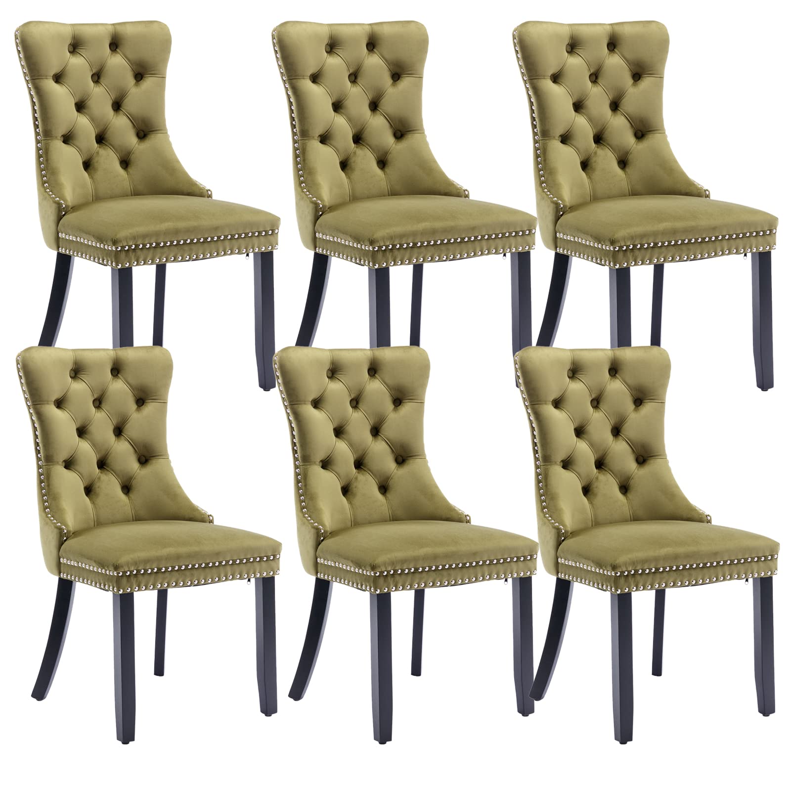 Shenyon Velvet Dining Chairs Set Of 6, Upholstered Dining Room Chairs With Back Ring Pull Trim And Solid Wood Legs,Tufted Wingba