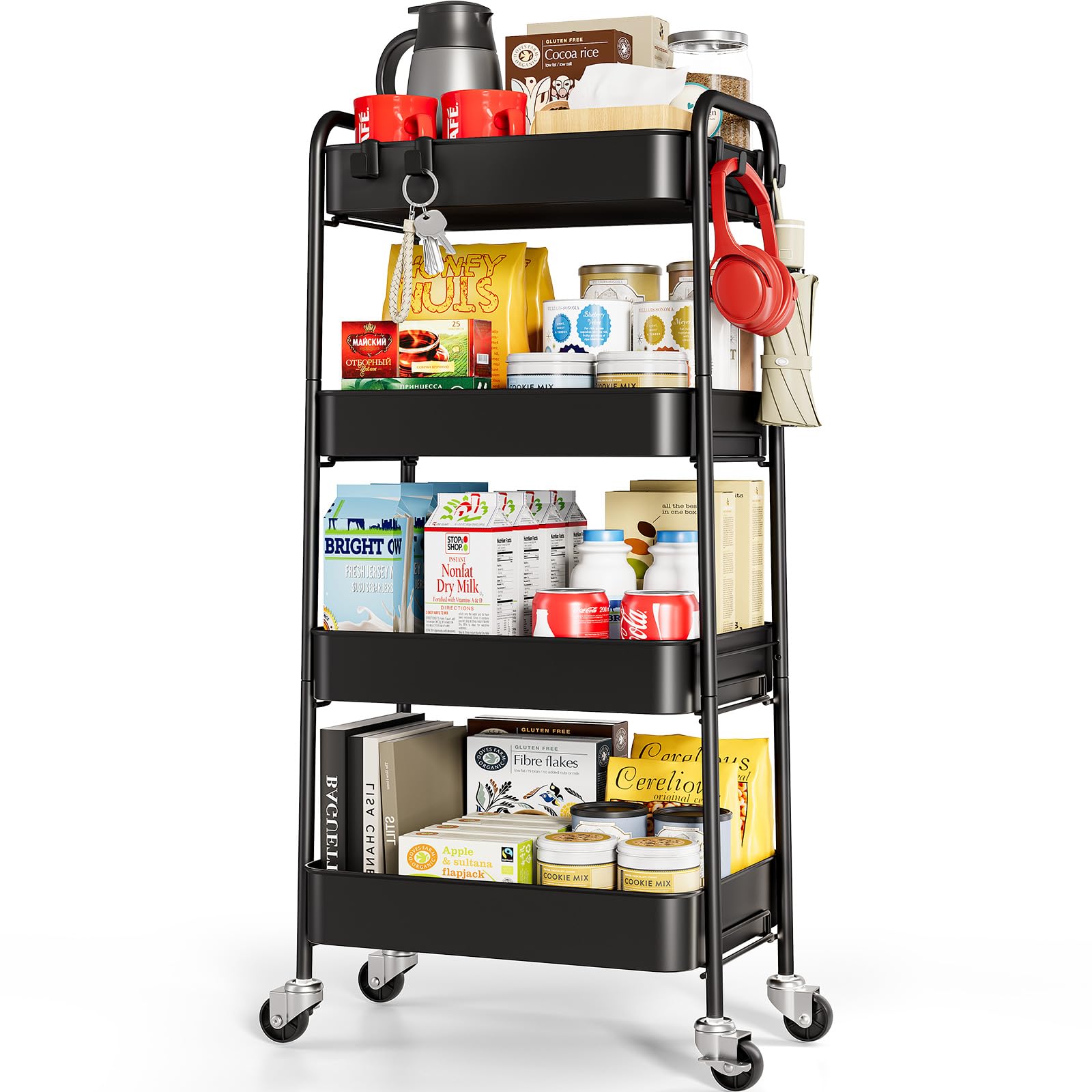 TOOLF 4-Tier Metal Rolling Cart with Wheels, Storage Utility Organizer Cart for Kitchen, Bathroom, Office, Baby Essentials & Mak