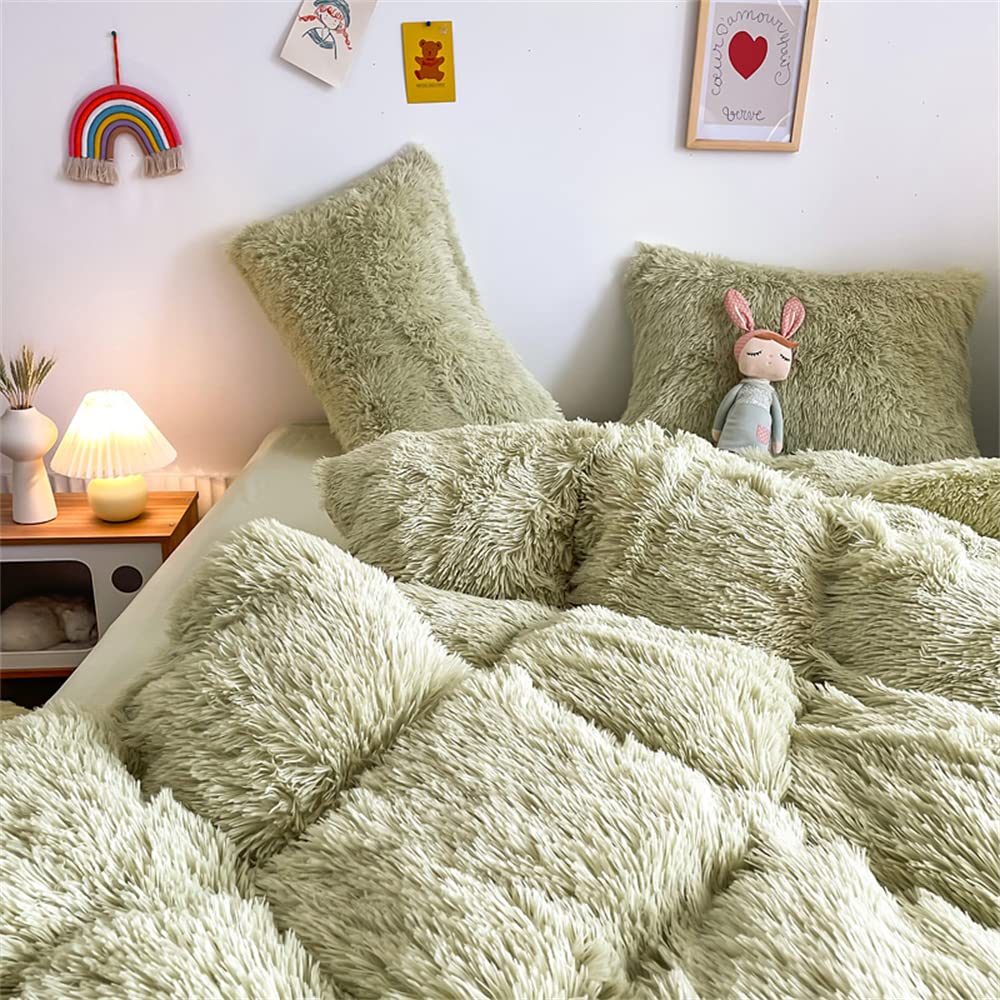 Chovy Faux Fur Plush Light Green Comforter Sets Twin/Full Size - Ultra Soft Shaggy Flannel Velvet Fluffy Fuzzy 3Pc Bedding Set (