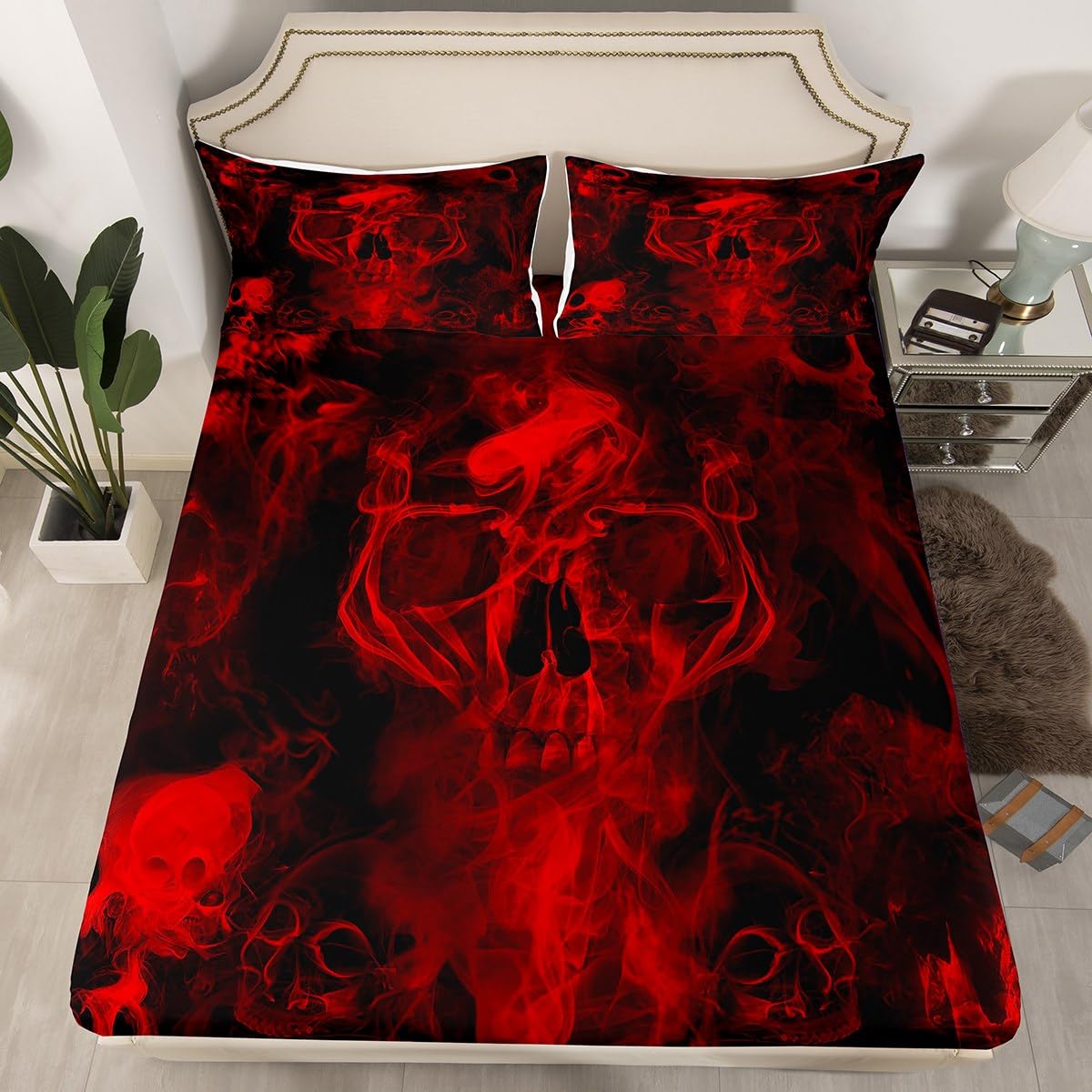 Gothic Skull Bed Sheets Red And Black Skeleton Sheet Set Queen For Boys Teens Men Women,Psychedelic Goth Skull Bedding Set Tripp