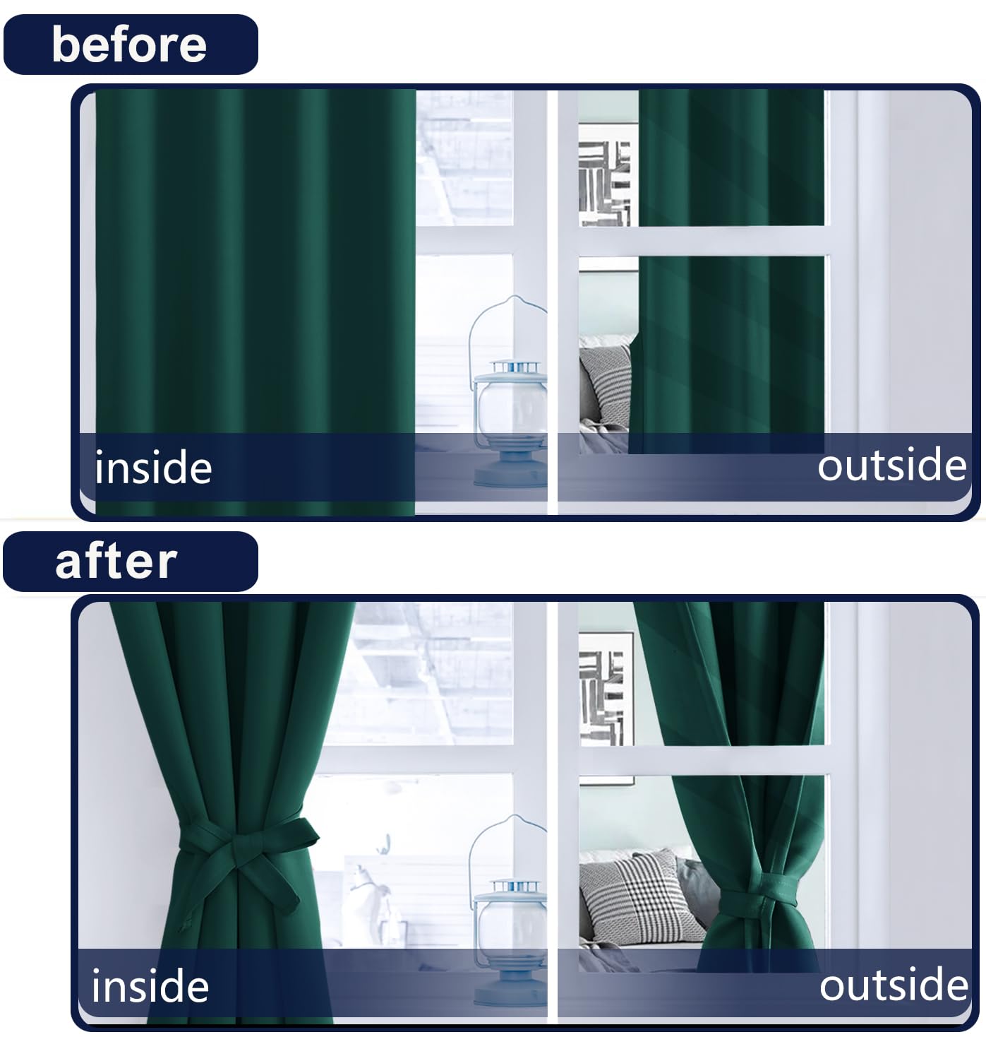 Hiasan Emerald Green Blackout Curtains 2 Panels For Bedroom, Back Tab & Rod Pocket Christmas Curtains Sewn With Tiebacks, Room D