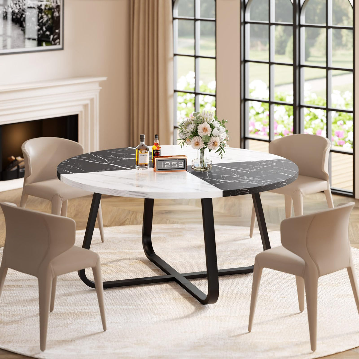 Lvb Round Marble Dining Table For 4 Man, Modern 51-Inch Wood Dining Table,Farmhouse Large Kitchen Table With Metal Legs For Livi