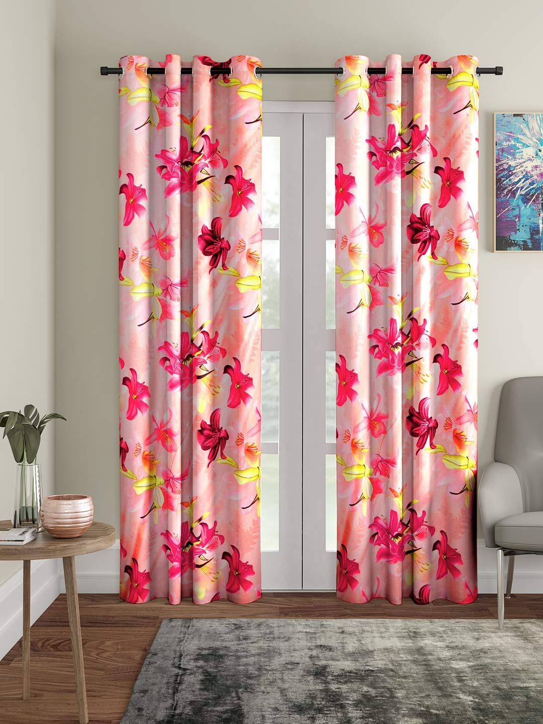 Home Sizzler 2 Pieces 3D Flower Eyelet Polyester Door Curtains  7 Feet, Pink | SemiSheer