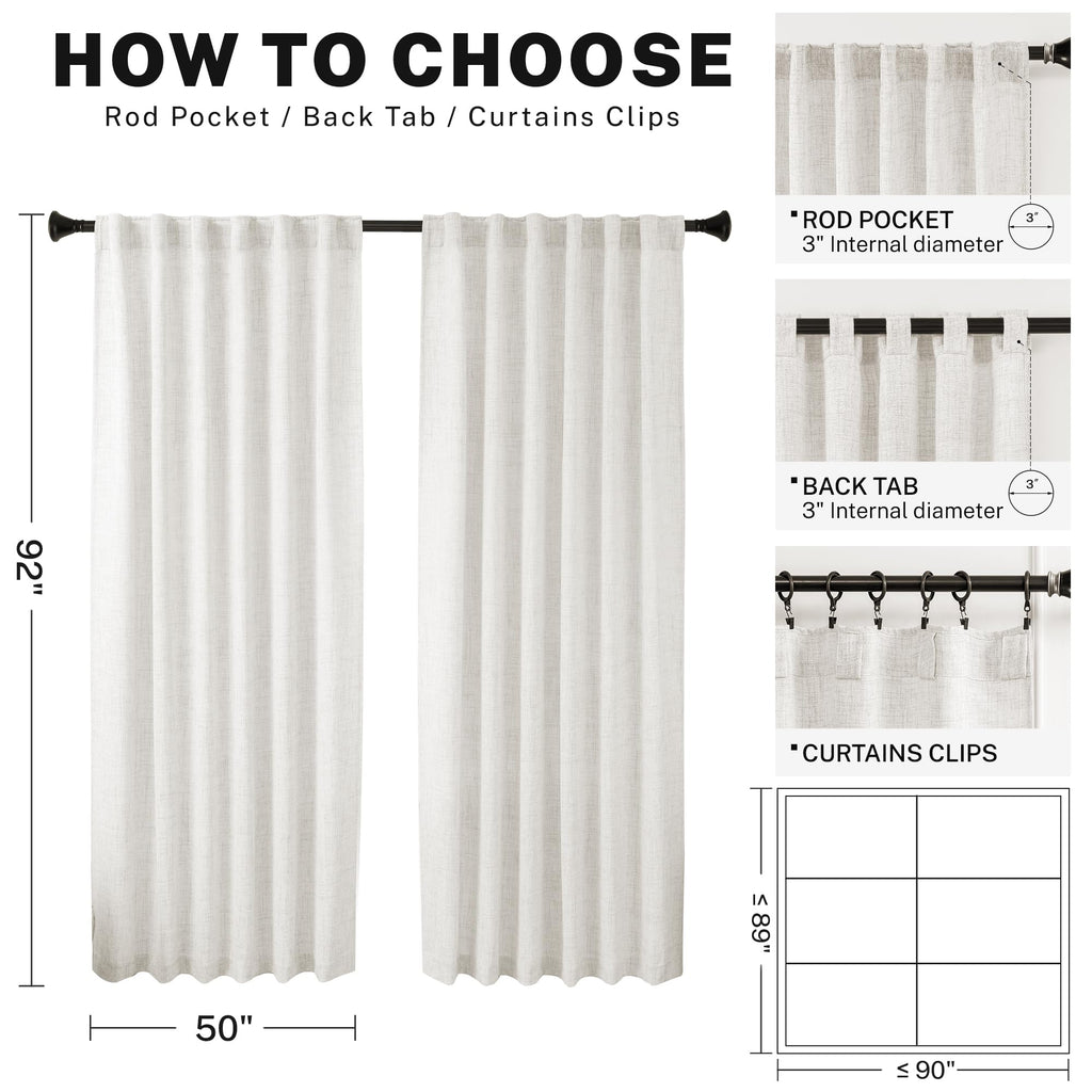 Meetbily 92 Inches Long Modern Farmhouse Linen Curtains For Living Room Rod Pocket Back Tab Sheer Ivory Off White Curtains Neutr