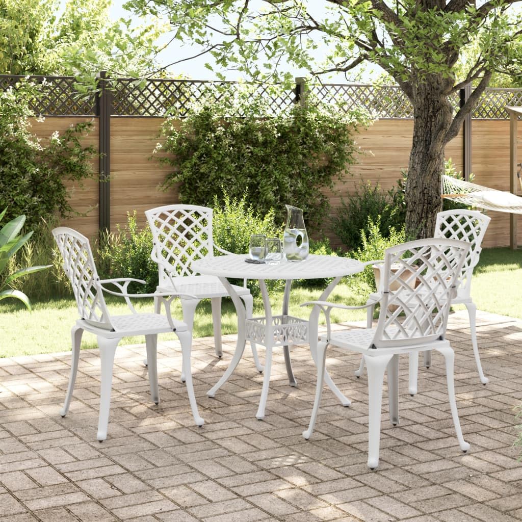vidaXL 5-Piece White Cast Aluminum Patio Dining Set - Outdoor Furniture with Round Table, Comfortable High-Back Chairs, and Umbrella Hole for Garden/Patio