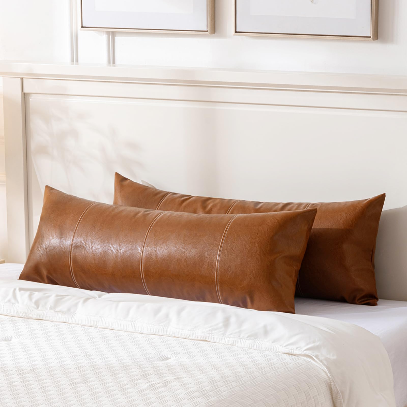 Fancy Homi 2 Packs Brown Boho Long Lumbar Faux Leather Body Decorative Throw Pillow Cover 14X36 Inch For Bedroom Couch Bed Bench