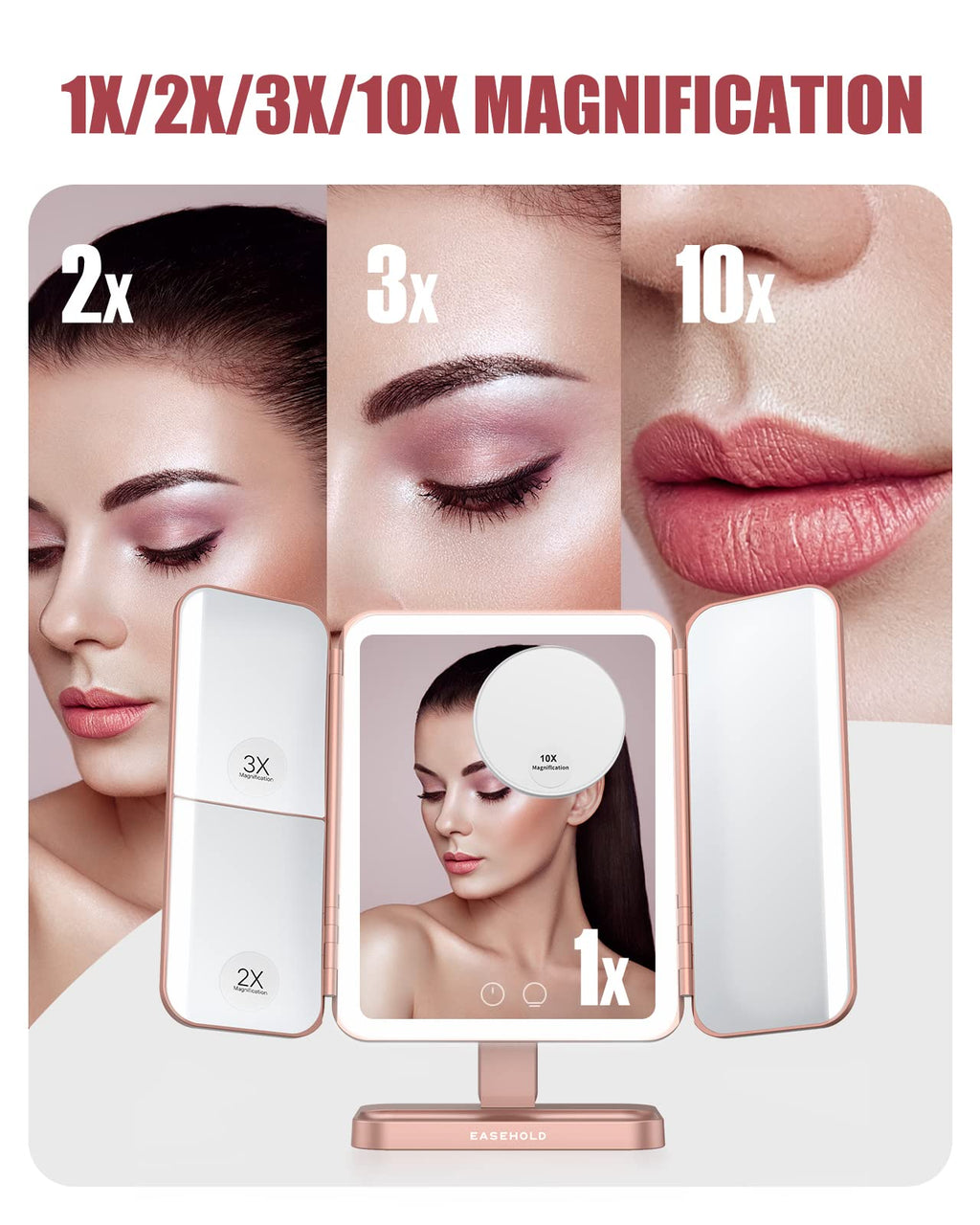 Easehold Rechargeable Vanity Mirror With Lights, 116 Leds Makeup Mirror, 3-Color Lighted Makeup Mirror, 2X/3X/10X Magnification,