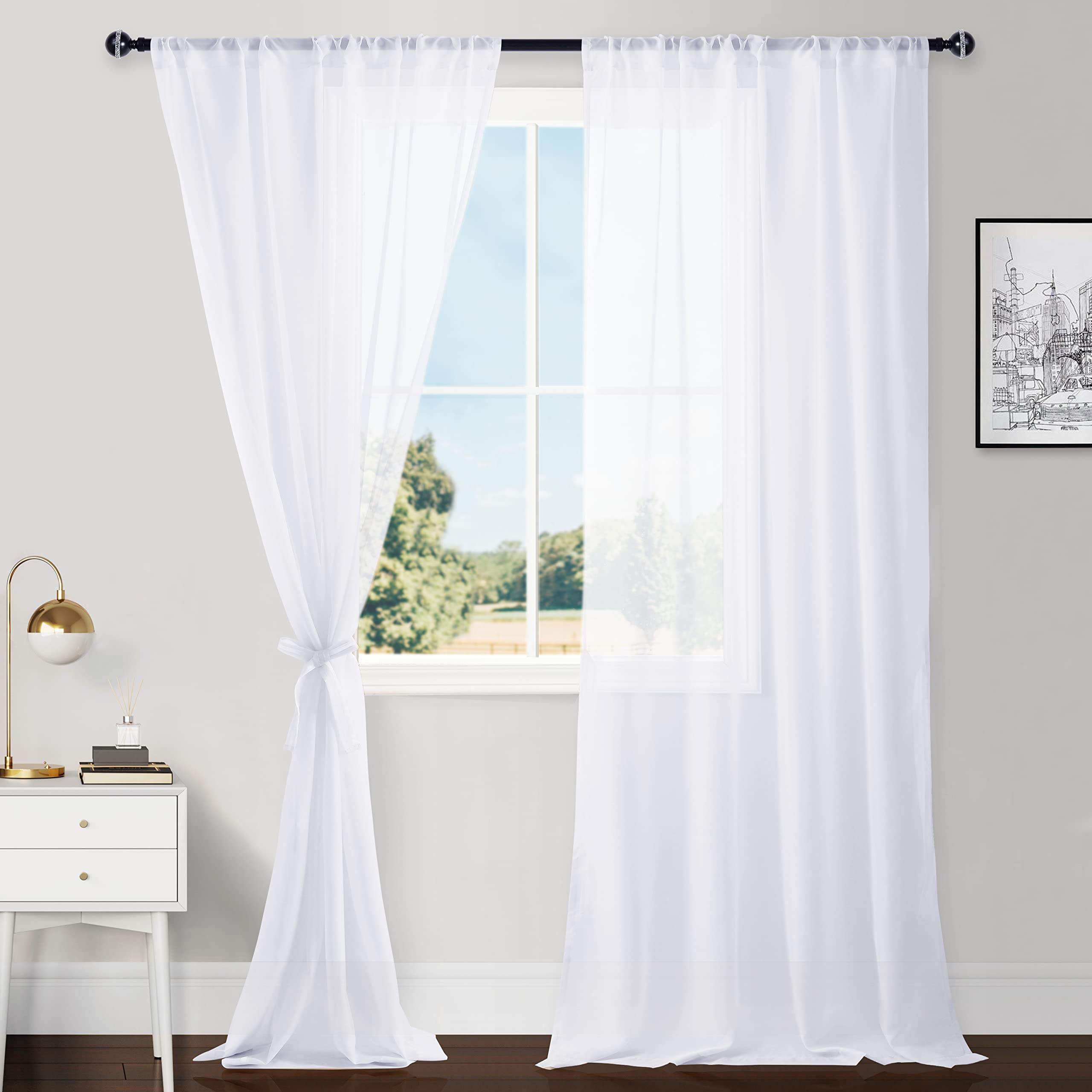Hiasan White Sheer Curtains With Tiebacks, Light Filtering Voile Textured Drapes Extra Long Rod Pocket Window Curtains For Bedro