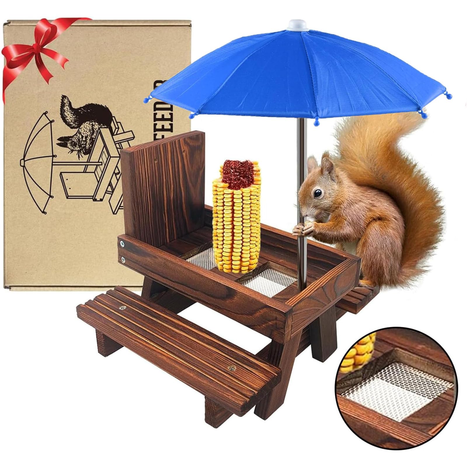 Squirrel Feeder Picnic Table With Umbrella, Wooden Squirrel Feeders For Outside With Corn Cobs, Cute Chipmunk Feeder With Solid