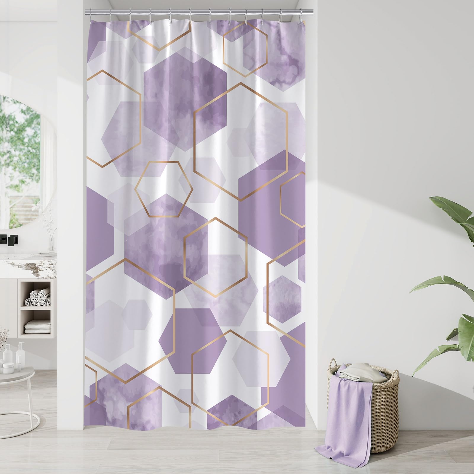 Litabel Modern Small Stall Shower Curtain For Bathroom, Lavender Geometric Art Decor Waterproof Bath Curtain, Abstract Fabric Sh