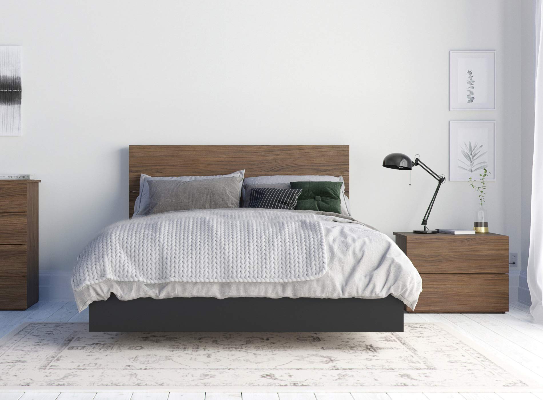 Nexera 3-Piece Bedroom Set with Bed Frame, Headboard & Nightstand, Full|Walnut & Black