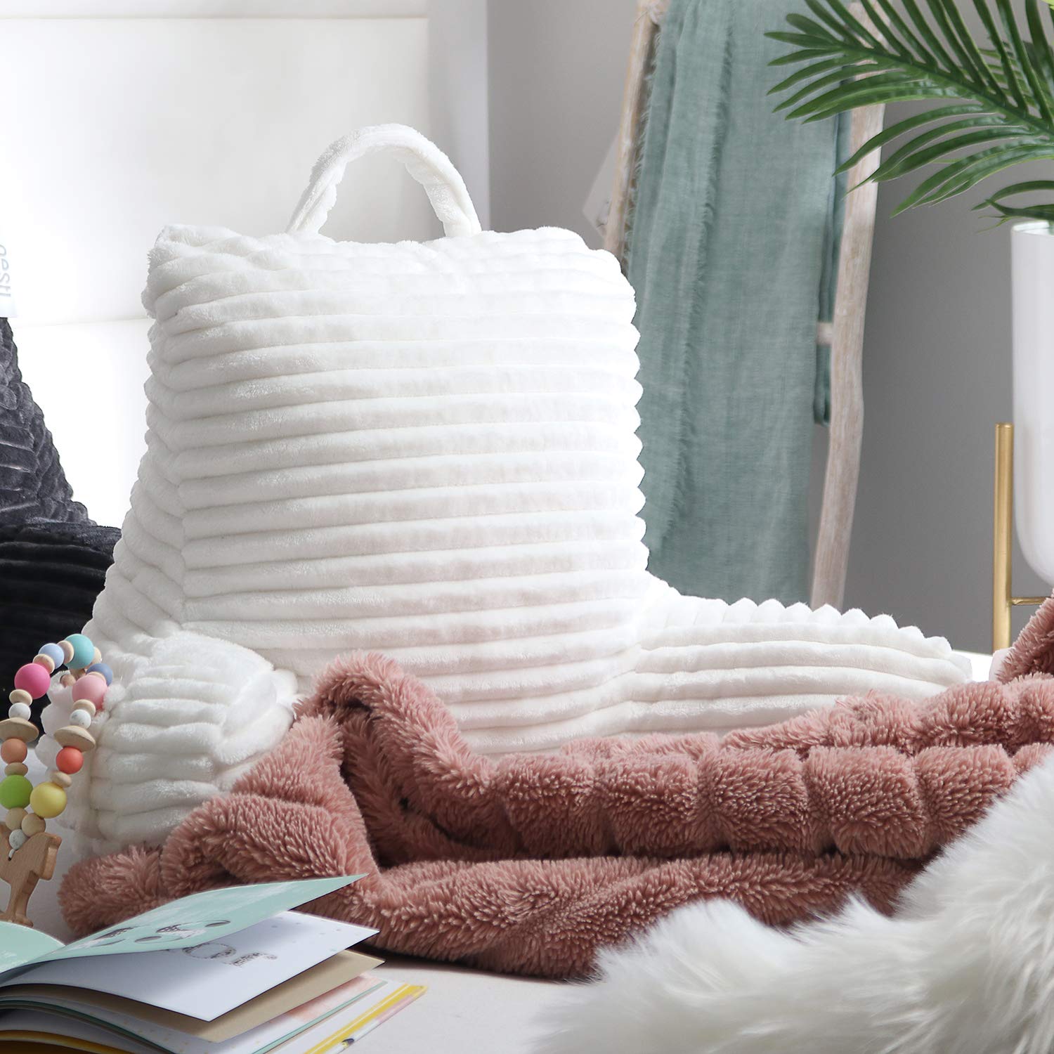 Nestl Cut Plush Striped Reading Pillow For Kids & Teens, Small Back Pillow, Back Support Pillow, Shredded Memory Foam Bed Rest Pillow With Arms, White