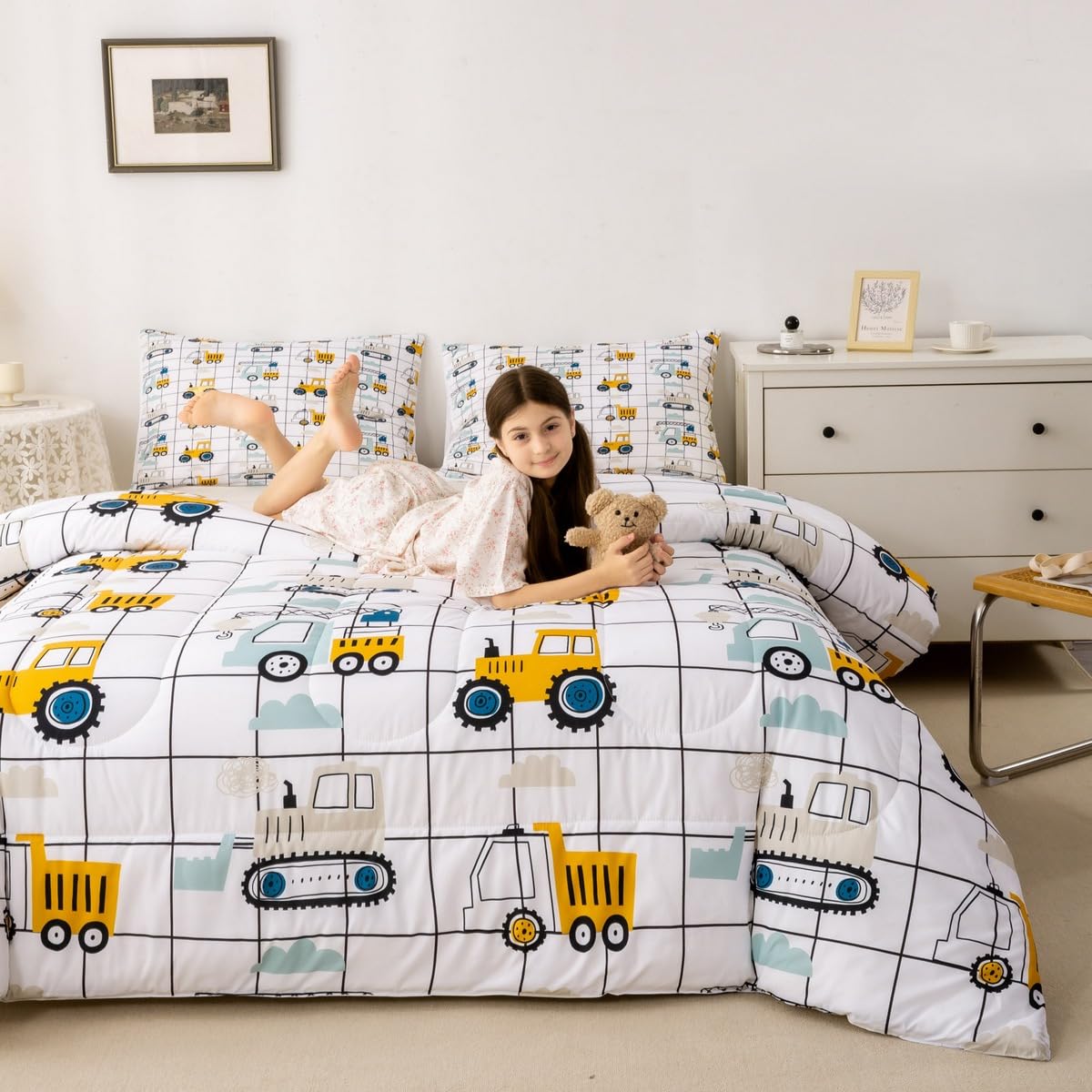 Feelyou Construction Truck Comforter Set Twin Size Kids Machinery Truck Excavators Vehicles Comforter For Boys Teens Cartoon Tra