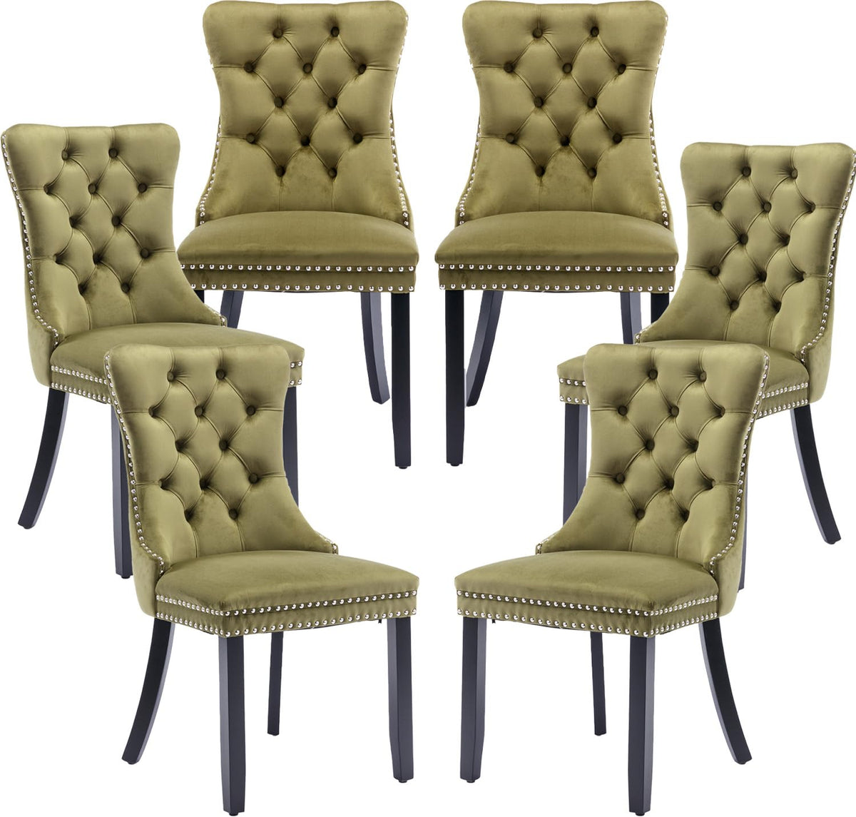 Lktart Dining Chairs Set Of 6 Velvet Upholstered Tufted Back With Nailhead Trim And Back Ring Pull Solid Wood Legs For Kitchen B