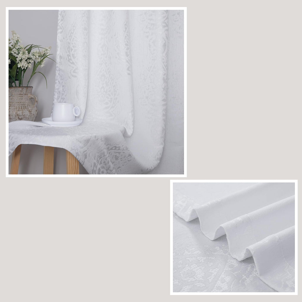 Mrs.Naturall White Damask Moroccan Pattern 3D Jacquard Embossed Embroidered Curtains 63 Inches Long For Bedroom Living Room 2 Panels Set