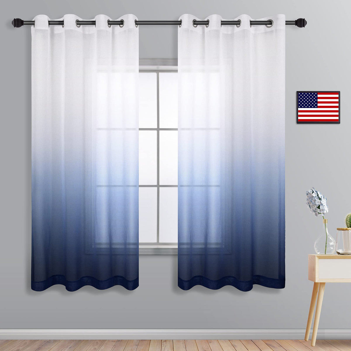 Koufall 63 Inch Curtains Length For Bedroom 2 Panel Set,Sheer Grommet Navy Blue Curtains For Living Room 63 Inches Long,White An