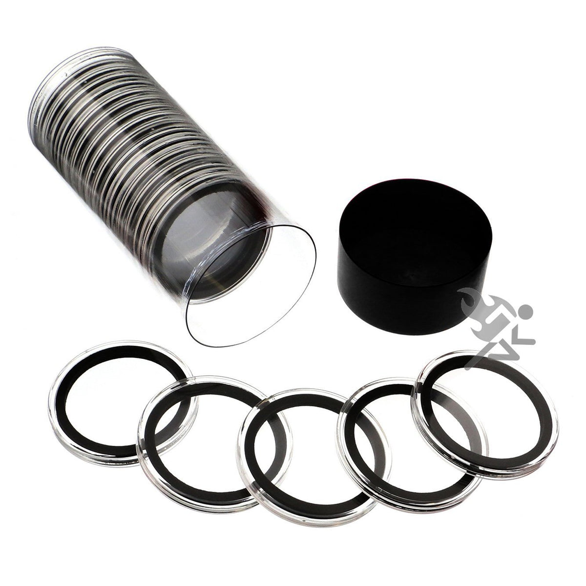 Onfireguy 20Pcs 40Mm Black Ring Coin Holders & Capsule Tube With Black Cap Lid For Silver Eagles | Capsules & Storage Tube For 1